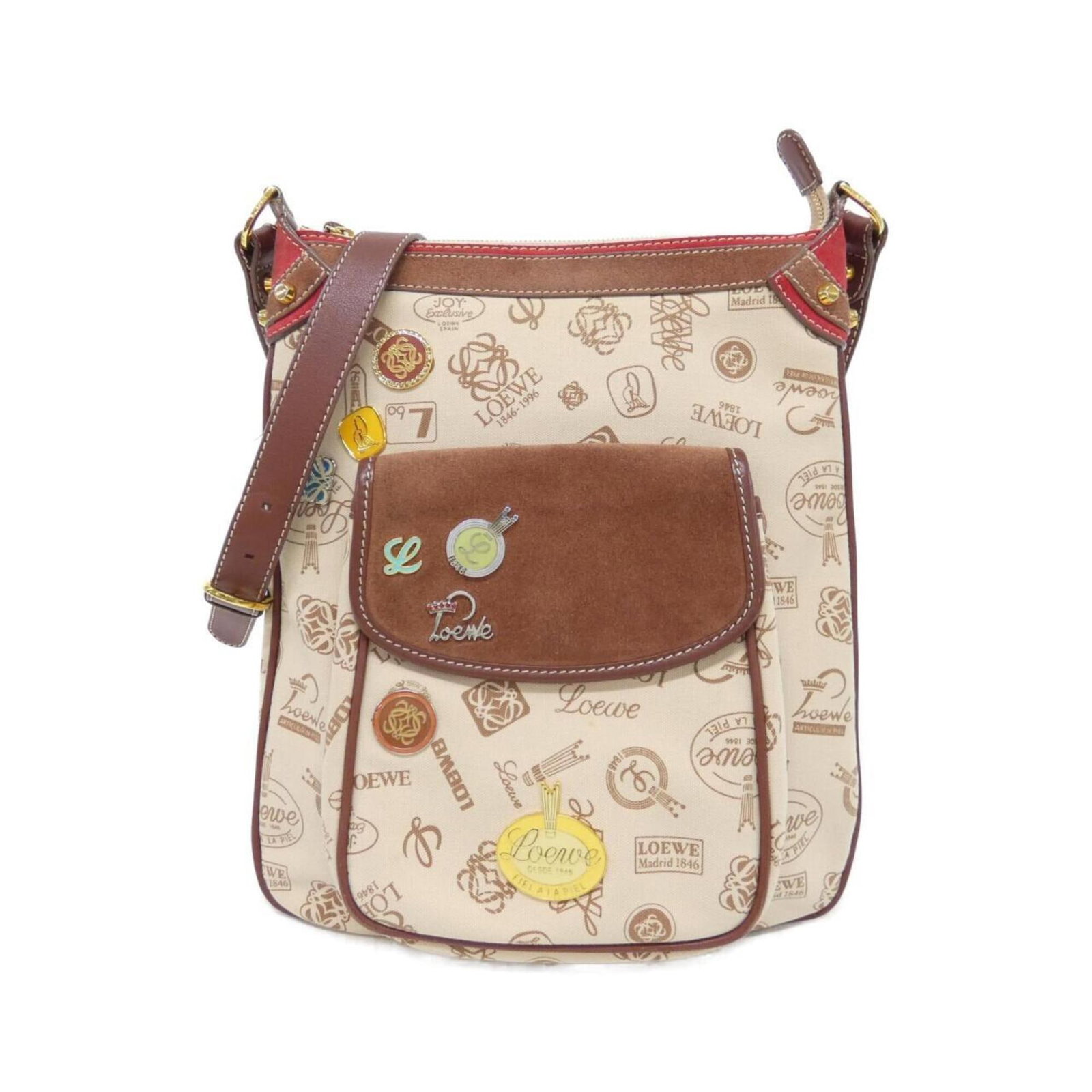 Shoulder Bag Canvas Loewe: Shoulder Bag Canvas Loewe Canvas Loewe shoulder bag in beige, brown, and red colors, measuring 33cm x 28cm x 3cm. This canvas bag features a classic design with a signature that bears a mark of