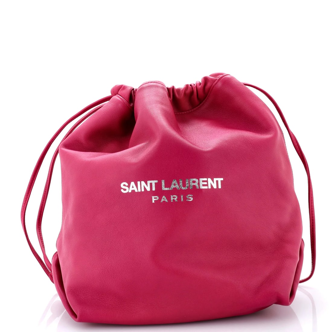 Laurent Saint Large Teddy Bag Leather Bucket: Laurent Saint Large Teddy Bag Leather Bucket Pink leather bucket bag with silver hardware, measuring 13" tall and 14" wide, features a microfiber black interior and minor creases on exterior and