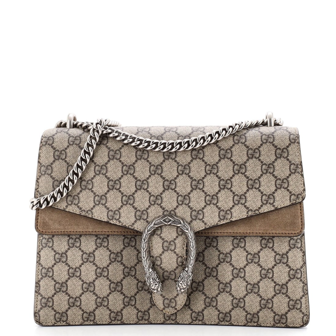 GG Coated Canvas Bag Medium Gucci Dionysus: GG Coated Canvas Bag Medium Gucci Dionysus Medium Gucci Dionysus Bag with GG Coated Canvas Exterior in Brown, featuring a classic shoulder bag design with a 15" strap drop. The bag's exterior shows