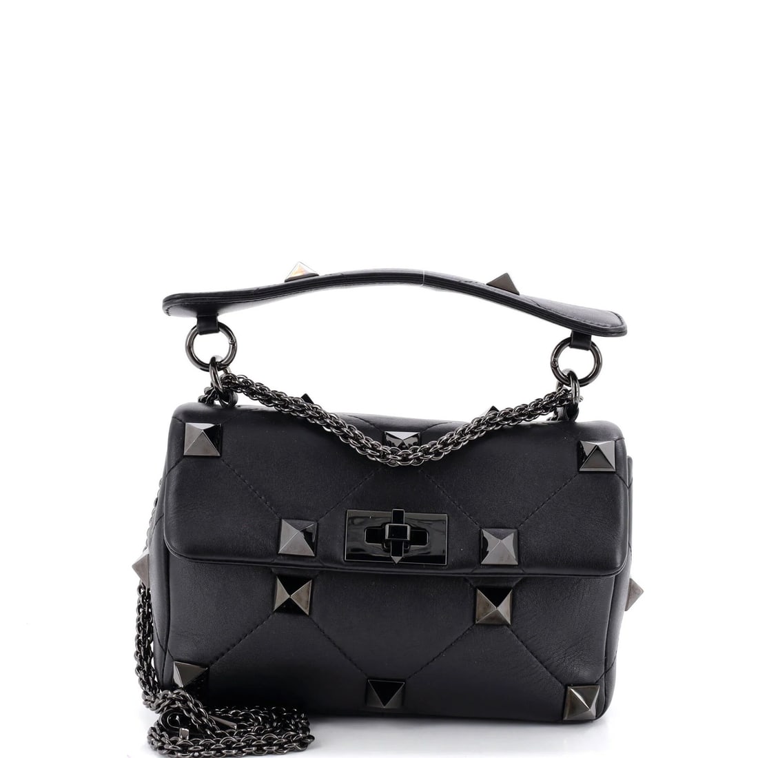 Garavani Valentino Roman Medium Leather Quilted Bag Stud Flap: Garavani Valentino Roman Medium Leather Quilted Bag Stud Flap Black leather Roman Stud Flap Bag with quilted design, featuring a medium size and silver hardware. The bag has a classic cross body