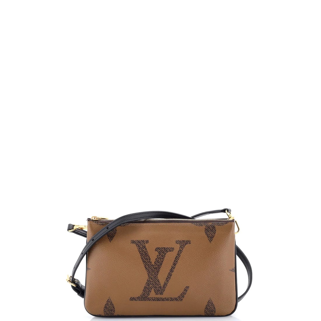 Giant Double Zip Pochette Reverse Monogram Louis Vuitton: Giant Double Zip Pochette Reverse Monogram Louis Vuitton Brown Giant Double Zip Pochette Reverse Monogram Louis Vuitton with gold hardware and microfiber interior. Measuring 5" in height, 8" in width,