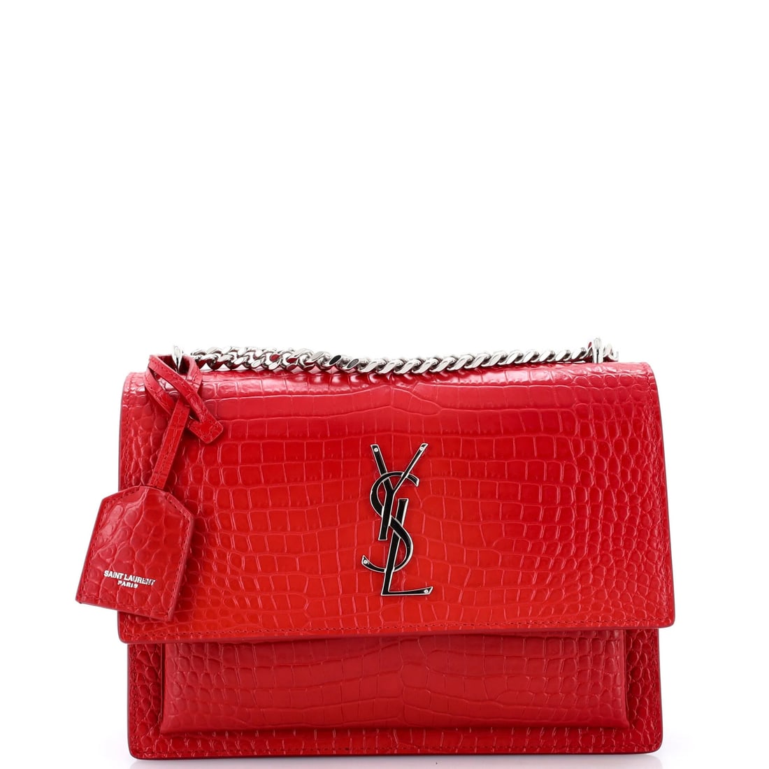 Laurent Saint Crocodile Embossed Leather Medium Crossbody Bag: Laurent Saint Crocodile Embossed Leather Medium Crossbody Bag Red crocodile embossed leather makes a bold statement in this medium-sized crossbody bag. The exterior features heavy cracking on the flap