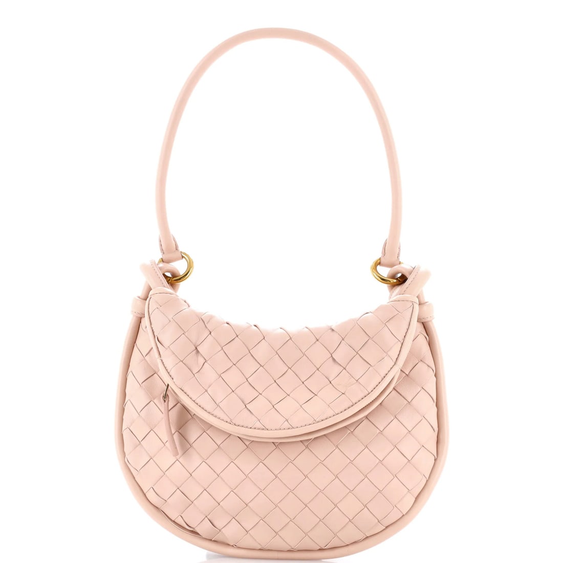 Gemelli Intrecciato Leather Shoulder Bag Small Bottega Veneta: Gemelli Intrecciato Leather Shoulder Bag Small Bottega Veneta Small Bottega Veneta Gemelli Intrecciato Leather Shoulder Bag in Pink, featuring the iconic intrecciato woven leather design, measures 8" 