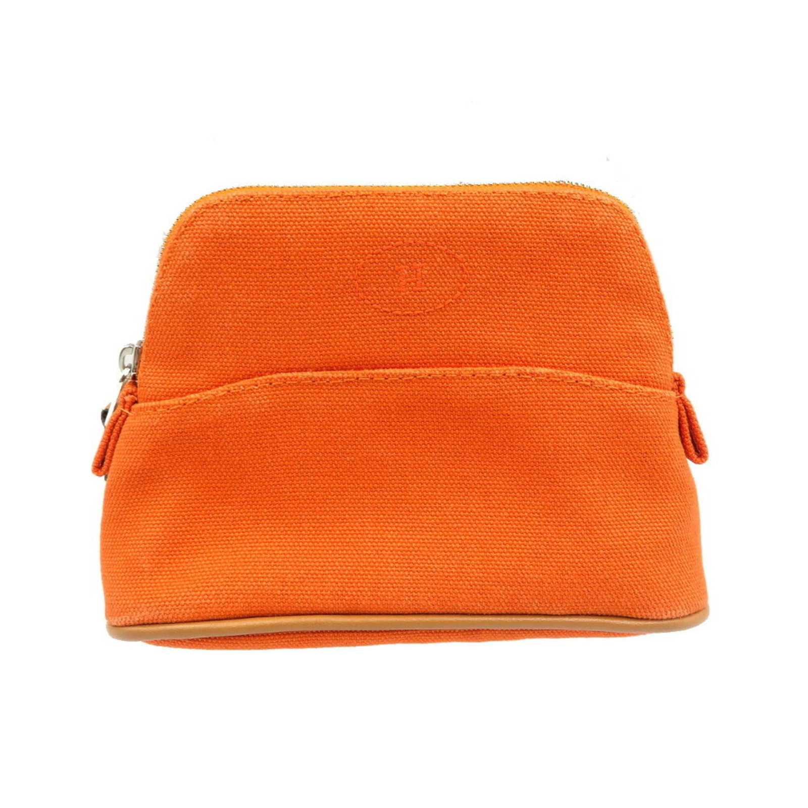 Cotton Leather Pouch Hermes: Cotton Leather Pouch Hermes Cotton leather pouch from Hermes, featuring a unique combination of materials and a natural beige and orange color palette. This compact pouch measures 10cm x 15cm x 5cm an