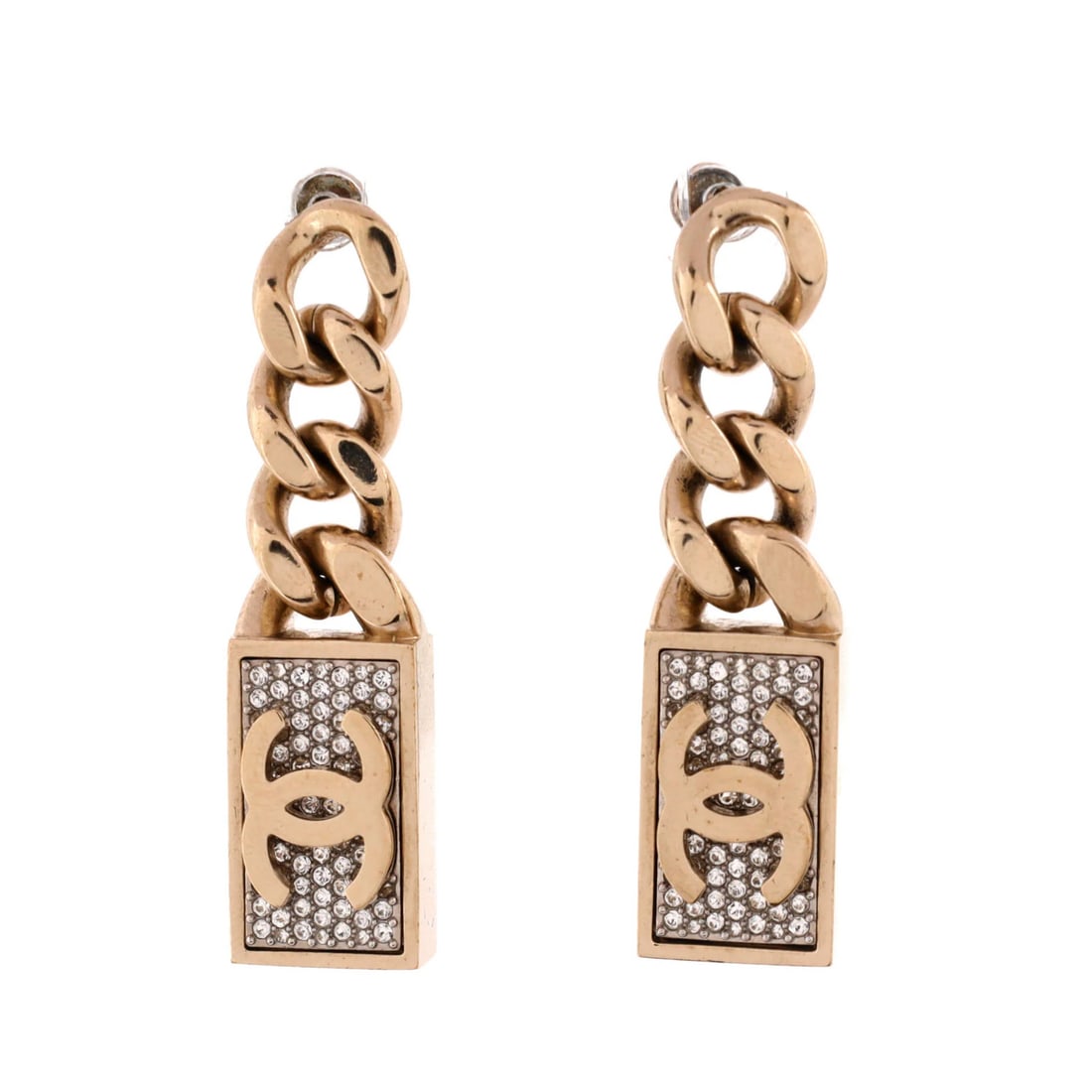 Metal Dog Charm Drop Earrings Chanel Crystals with CC: Metal Dog Charm Drop Earrings Chanel Crystals with CC Gold Chanel Crystals with CC Drop Earrings, featuring a metal charm with a metal drop and crystal accents. The earrings measure 2" in height and 0