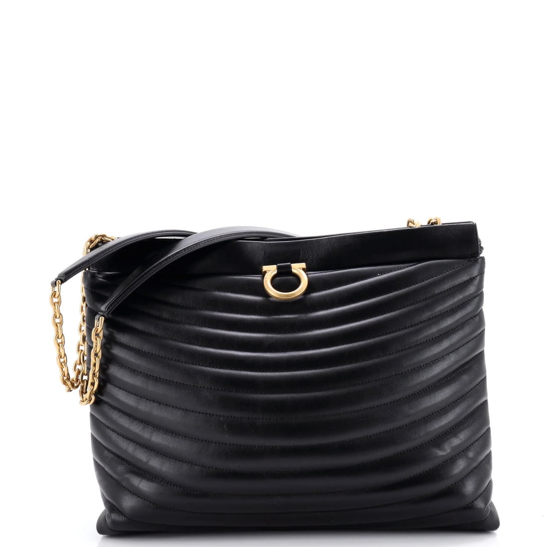 Salvatore Ferragamo Quilted Leather Gancini Medium Chain Tote Drawstring: Salvatore Ferragamo Quilted Leather Gancini Medium Chain Tote Drawstring The Salvatore Ferragamo Quilted Leather Gancini Medium Chain Tote Drawstring is a stylish and versatile shoulder bag. With its