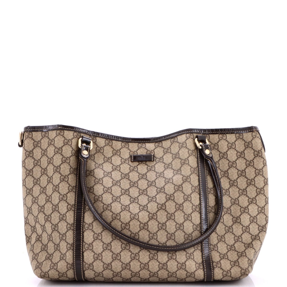 Joy Gucci Coated Canvas with Leather Medium Tote: Joy Gucci Coated Canvas with Leather Medium Tote Canvas Coated Brown Tote with Leather Trim. This Gucci Joy Tote features a medium size with a 7.5" handle drop and a classic design. The exterior