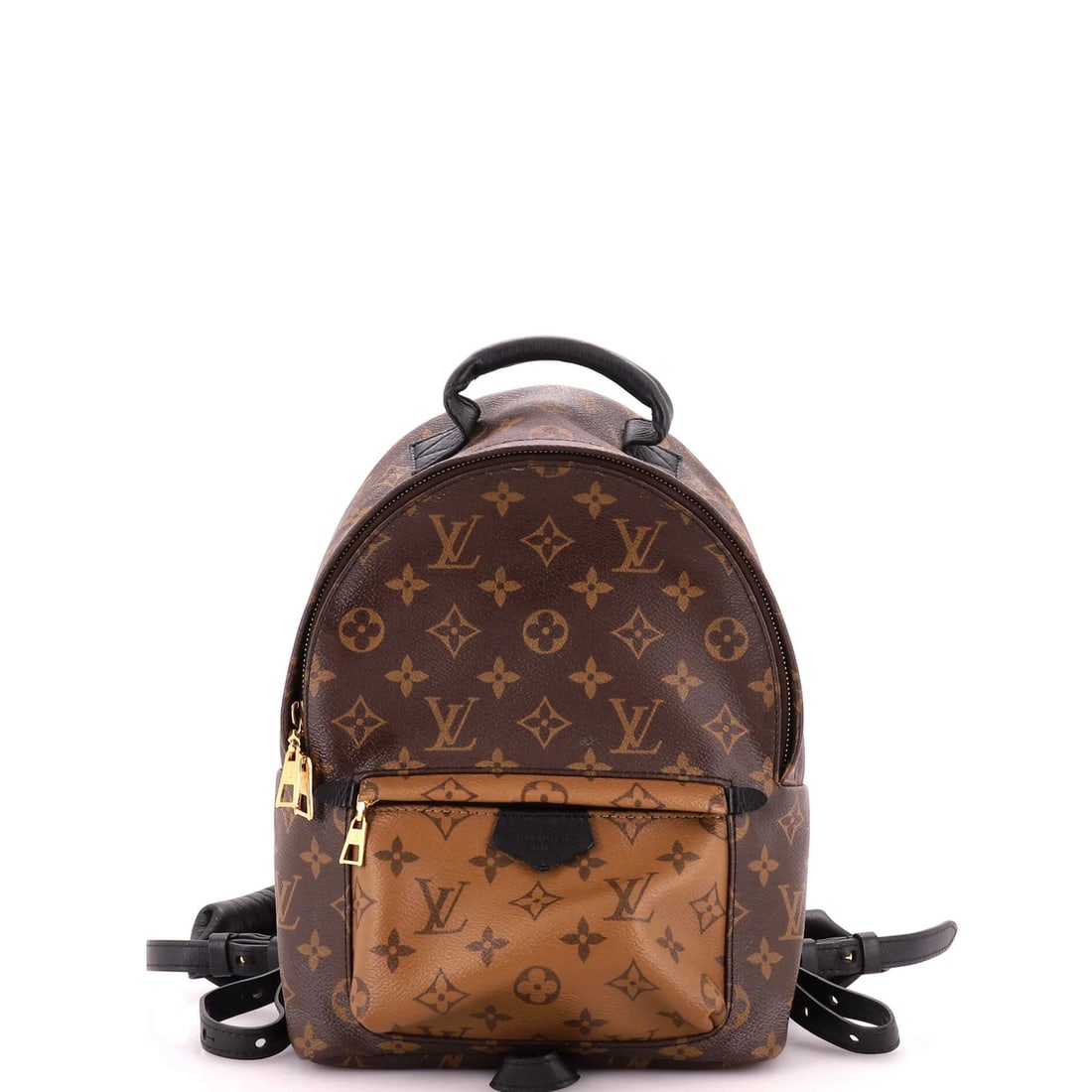 Louis Vuitton Palm Springs Backpack Reverse Monogram Canvas PM: Louis Vuitton Palm Springs Backpack Reverse Monogram Canvas PM Brown Louis Vuitton Palm Springs Backpack Reverse Monogram Canvas PM has scuffs, stains, edge wear, and minor creases on its exterior.