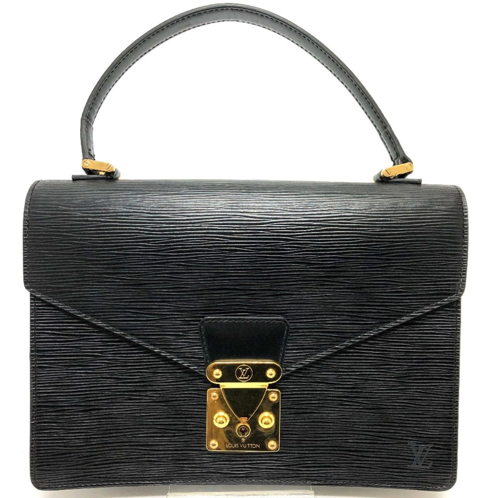 Epi Leather Louis Vuitton Handbag: Epi Leather Louis Vuitton Handbag Epi leather Louis Vuitton handbag in black, measuring 19.5cm x 27.5cm x 6.5cm. This handbag features high-quality Epi leather construction, with a classic design