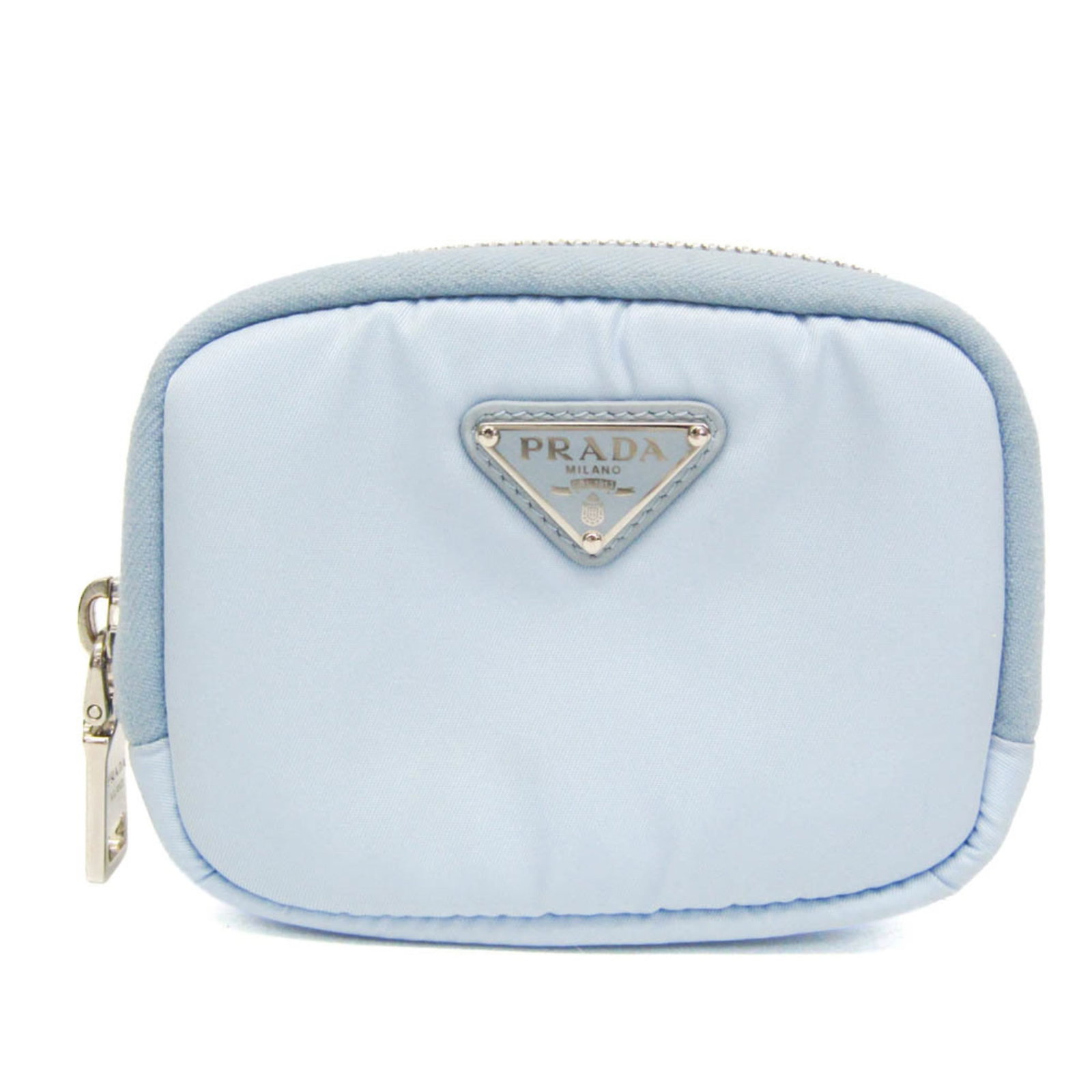 Nylon Prada Pouch: Nylon Prada Pouch Nylon Prada Pouch in Blue, featuring a card holder and compact design. Made from durable nylon, this 8cm x 11cm x 2cm pouch weighs 200g. Its sleek blue color and functional inner poc