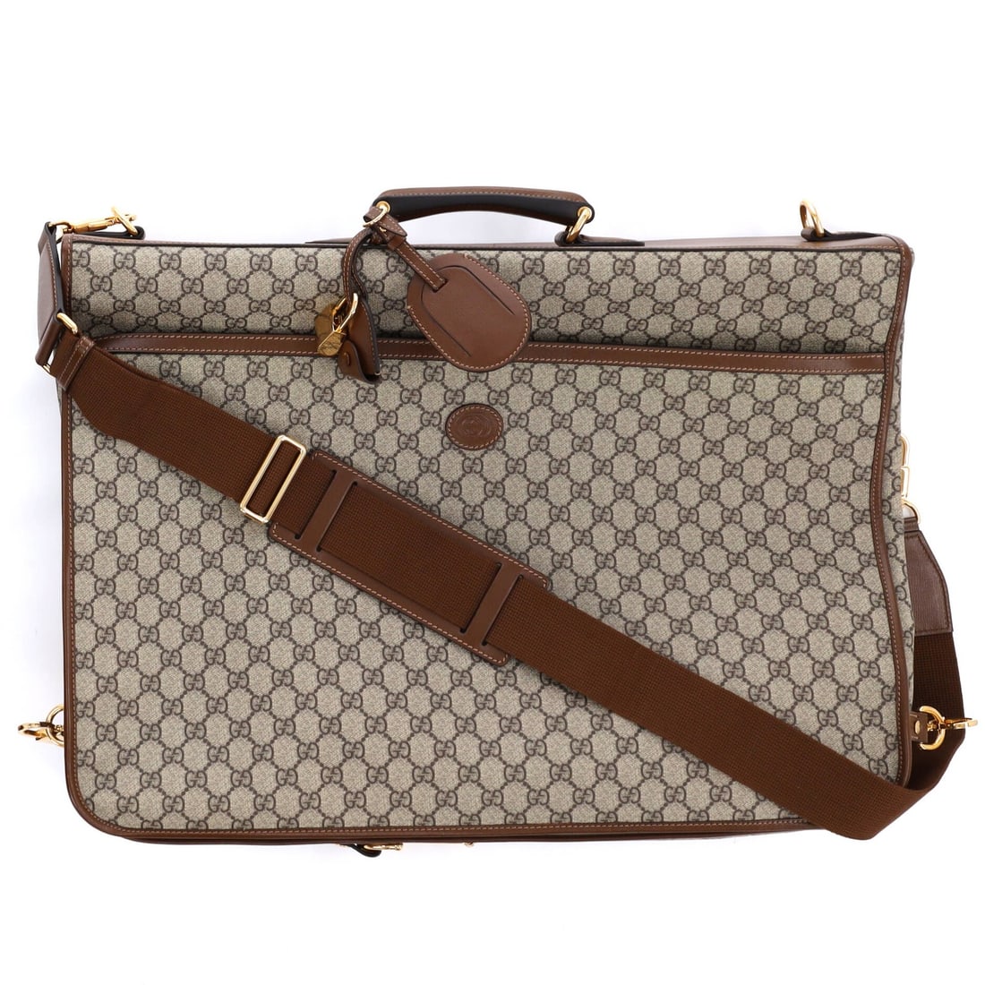 Gucci G Interlocking Retro Coated Canvas Bag: Gucci G Interlocking Retro Coated Canvas Bag The Gucci G Interlocking Retro Coated Canvas Bag boasts a timeless design with a rich brown exterior, complemented by a neutral interior. Measuring 17"