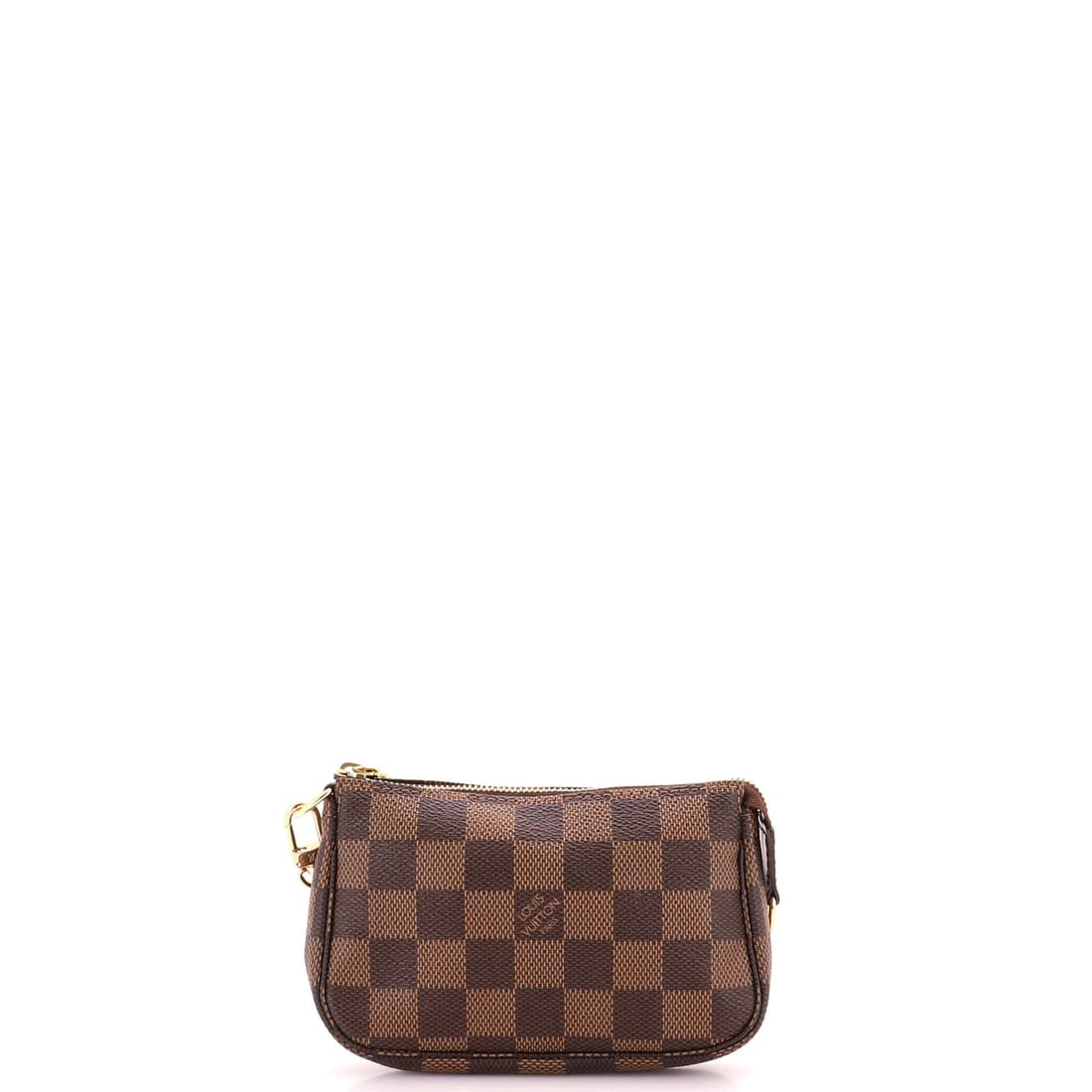 Vuitton Pochette Mini Accessoires Damier Louis: Vuitton Pochette Mini Accessoires Damier Louis Brown canvas coated Louis Vuitton Pochette Mini Accessoires Damier Mini features a classic design with a 6.5" handle drop and 6.5" strap drop. The exteri