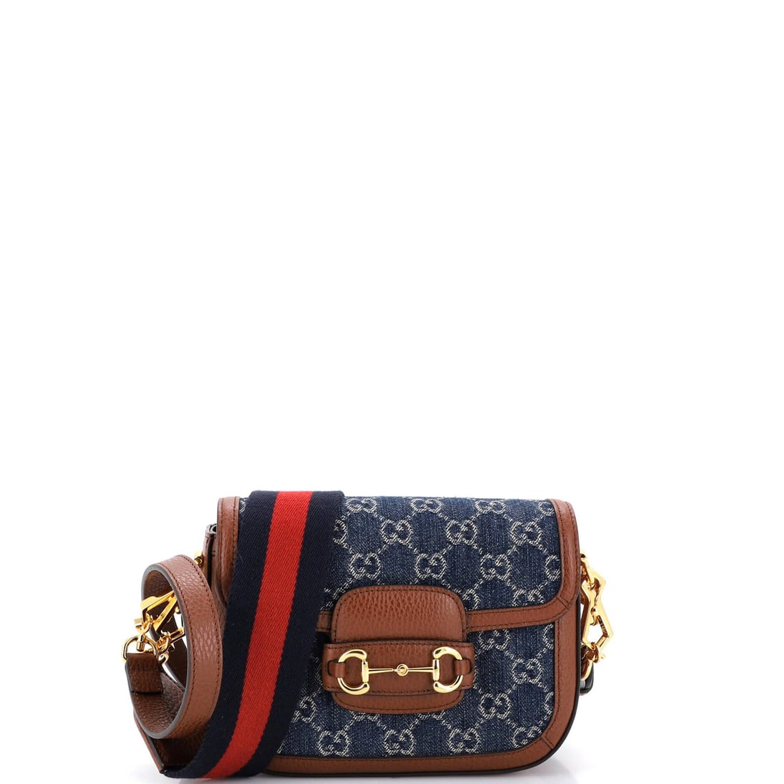 Gucci 1955 Horsebit Bag Denim Mini GG: Gucci 1955 Horsebit Bag Denim Mini GG Denim mini bag with iconic Horsebit 1955 design, featuring gold hardware and a neutral interior. Measuring 6" tall, 8" wide, and 2" deep, this mini shoulder bag b