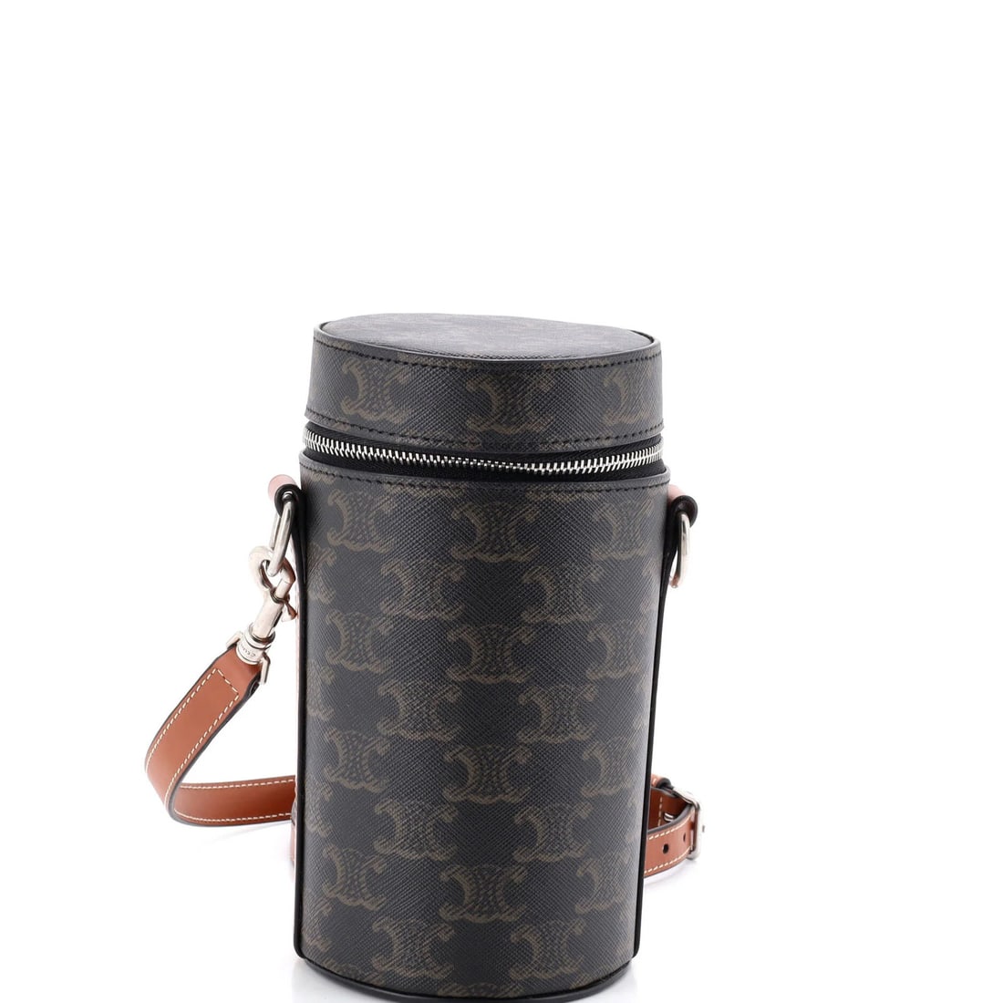 Cylinder Bag Vertical Coated Canvas Triomphe Celine: Cylinder Bag Vertical Coated Canvas Triomphe Celine The Celine Vertical Cylinder Bag Triomphe in brown canvas is a stylish and functional cross body bag with a 21" strap drop, measuring 7.5" in