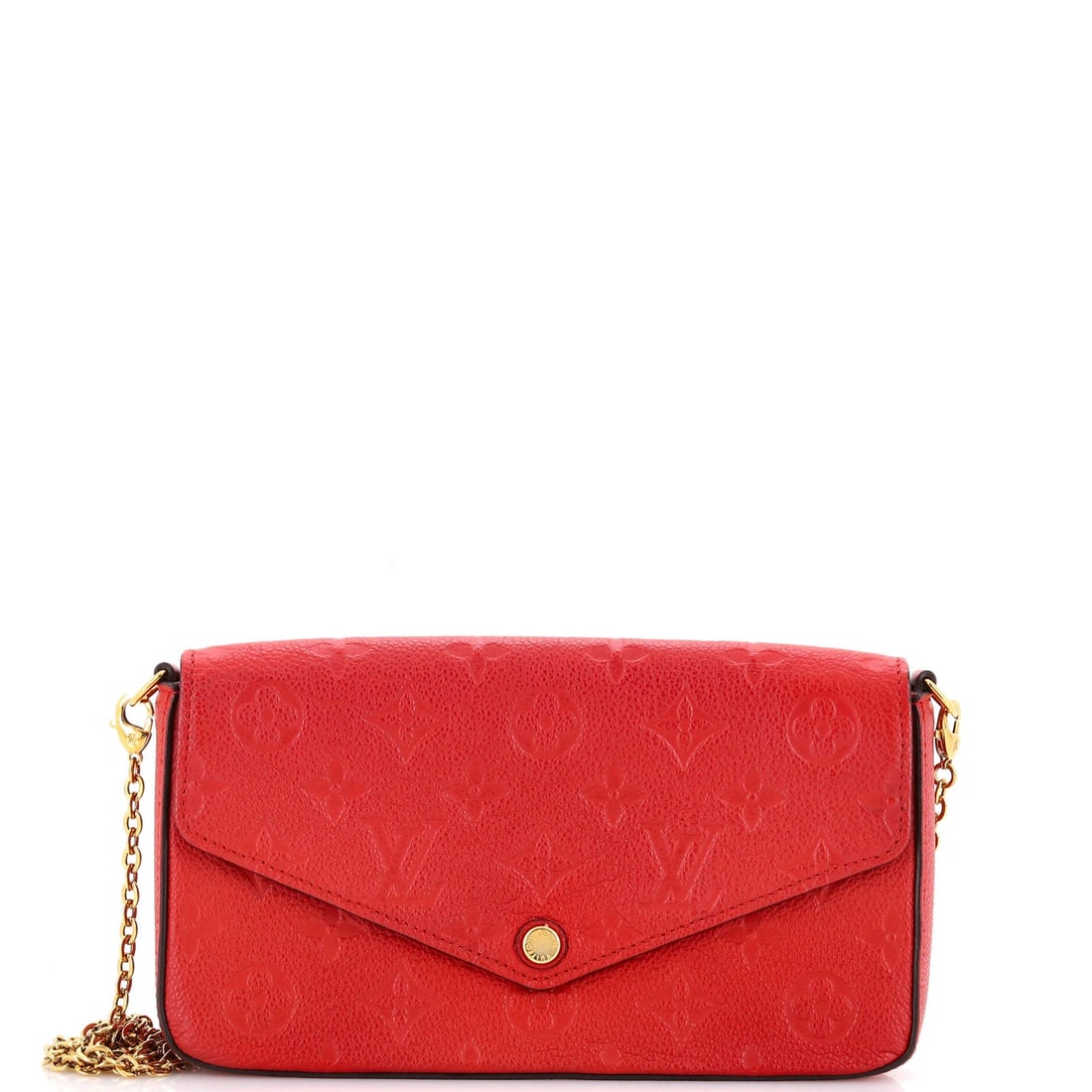 Monogram Empreinte Leather Louis Vuitton Felicie Pochette: Monogram Empreinte Leather Louis Vuitton Felicie Pochette Red Monogram Empreinte Leather Louis Vuitton Felicie Pochette with gold hardware and minor creases on the exterior, and minor discoloration