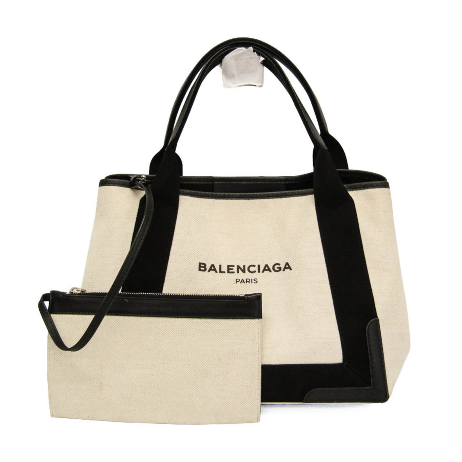Canvas leather handbag by Balenciaga: Canvas leather handbag by Balenciaga Canvas leather handbag by Balenciaga, featuring a navy cabas design with off-white accents, boasts a sleek and modern look. With a spacious pouch size and sturdy l