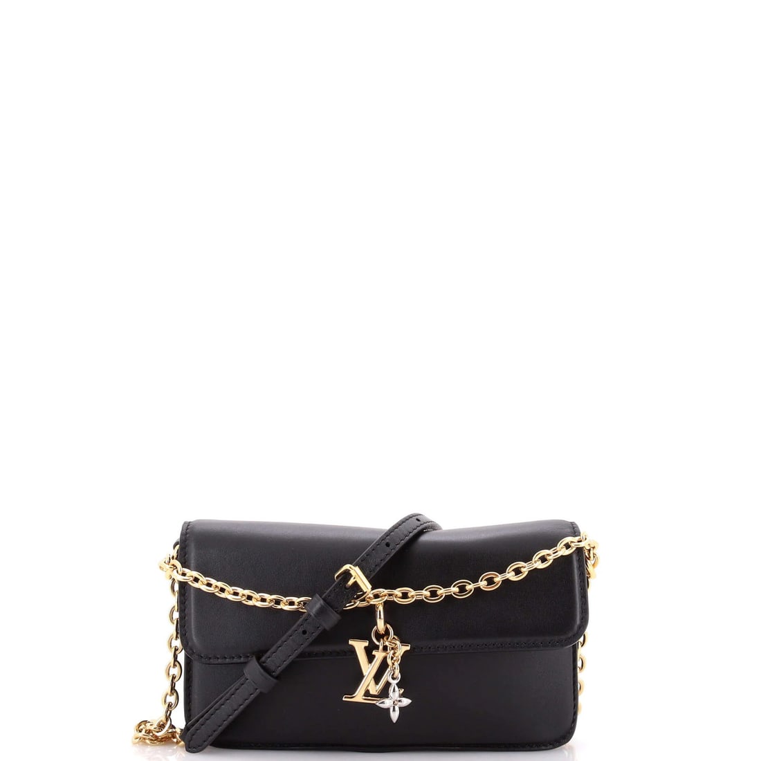Louis Vuitton LV Bloom Wallet on Chain Leather: Louis Vuitton LV Bloom Wallet on Chain Leather The Louis Vuitton LV Bloom Wallet on Chain Leather is a sleek and stylish cross body bag with a gold and silver chain strap. Measuring 4.5" in height,
