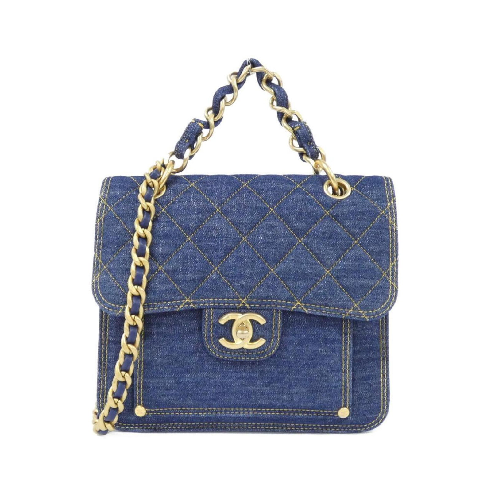 Denim Handbag Chanel: Denim Handbag Chanel Denim Handbag from the iconic Chanel line, featuring a striking blue hue and matte gold hardware. This stylish handbag measures 19cm x 22cm x 7cm and weighs 680g, making it a