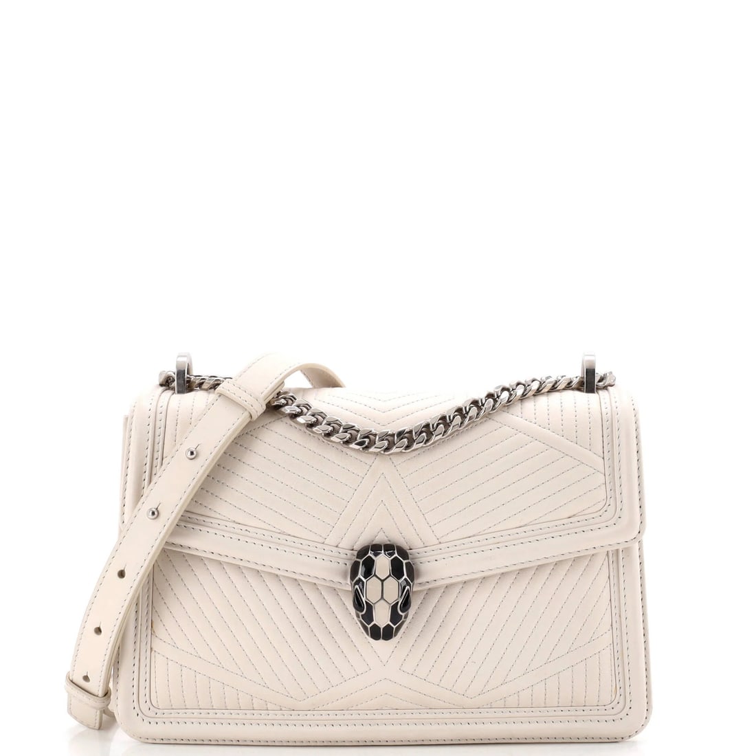 Serpenti Forever Small Quilted Leather Bag Bvlgari Shoulder: Serpenti Forever Small Quilted Leather Bag Bvlgari Shoulder Small, quilted leather Bvlgari Serpenti Forever shoulder bag in white exterior with pink interior, featuring silver hardware and a silver st