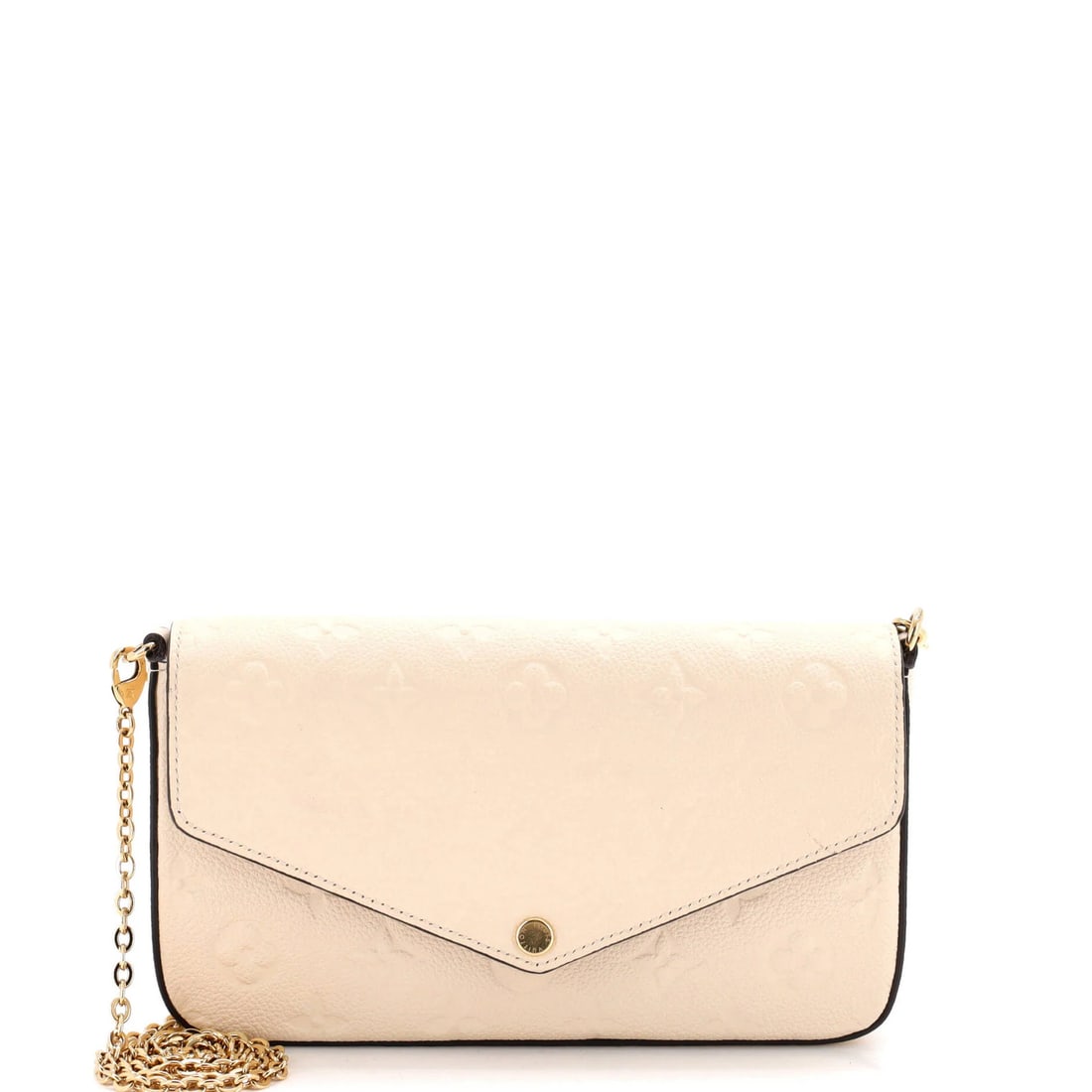Monogram Empreinte Leather Louis Vuitton Felicie Pochette: Monogram Empreinte Leather Louis Vuitton Felicie Pochette White Monogram Empreinte Leather Louis Vuitton Felicie Pochette with gold hardware and neutral microfiber interior. Measuring 5" high, 8.5"