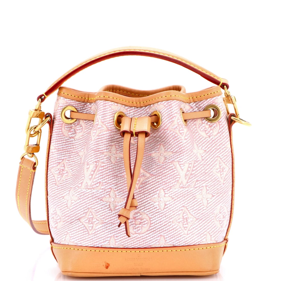 Noe NM Handbag Jacquard Canvas Nano Louis Vuitton Monoglam: Noe NM Handbag Jacquard Canvas Nano Louis Vuitton Monoglam Canvas Coated Monoglam Jacquard Nano exterior in metallic pink with pink interior, gold hardware, and a unique Nano size. This Noe NM