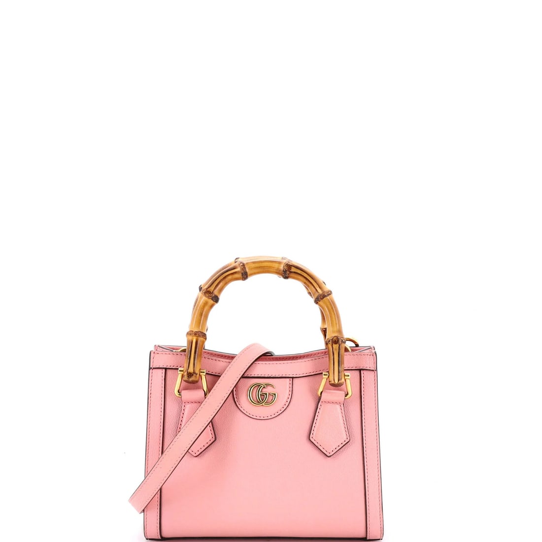 Gucci Leather Mini Bamboo Handle Tote Diana NM: Gucci Leather Mini Bamboo Handle Tote Diana NM Pink Gucci Leather Mini Bamboo Handle Tote with Aged Gold Hardware, featuring a cross body design and microfiber interior. This mini tote measures 3"