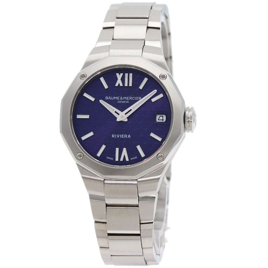 Stainless Steel Baume Mercier Riviera Moa10728 Watches: Stainless Steel Baume Mercier Riviera Moa10728 Watches Stainless Steel Baume Mercier Riviera Moa10728 Watches feature a sleek 33mm silver case and a purple dial, making for a stylish timepiece. The