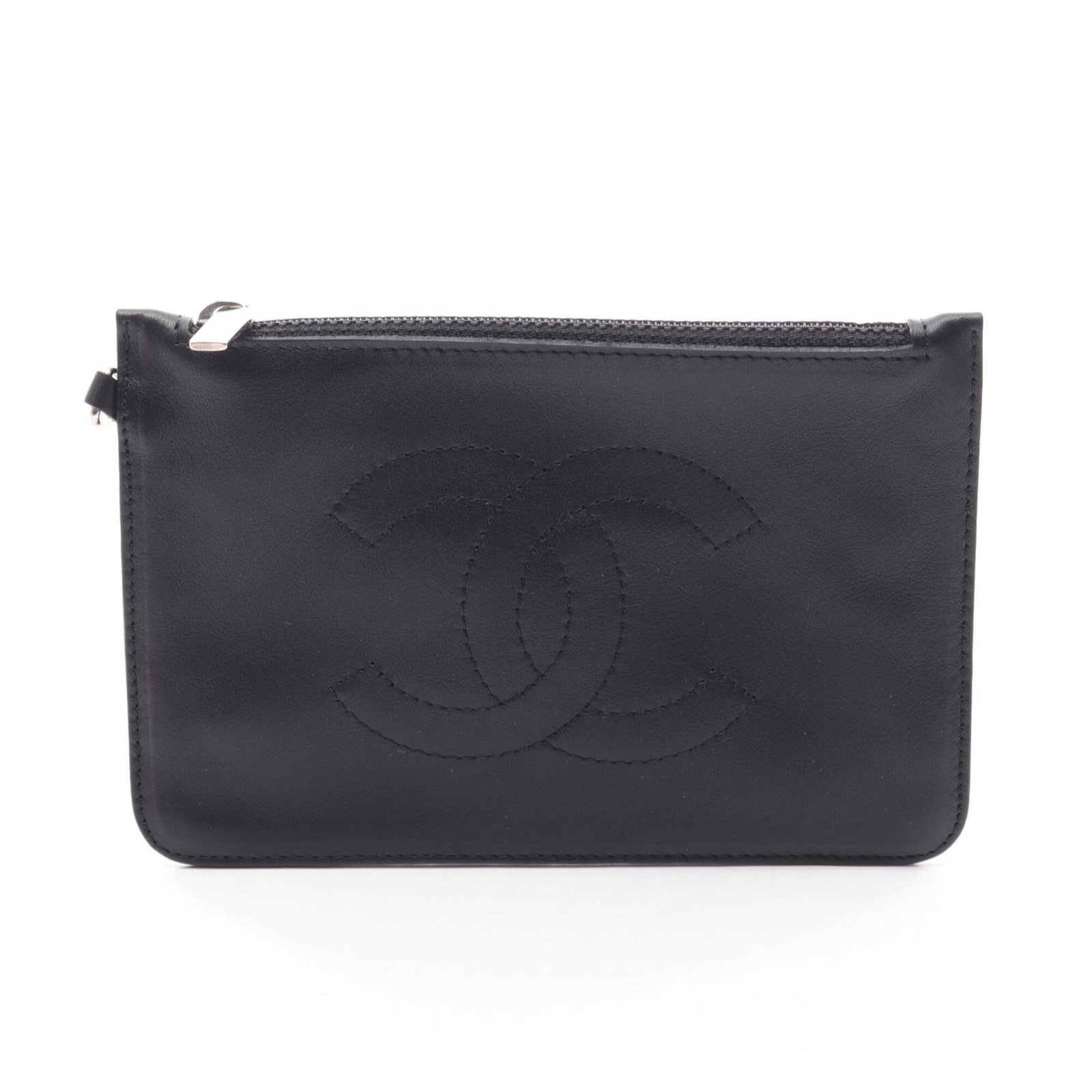 Leather Pouch by Chanel: Leather Pouch by Chanel This black leather pouch by Chanel features lambskin material and measures 10.5cm x 16.5cm. The sleek design and luxurious feel of the lambskin make it a stylish accessory for
