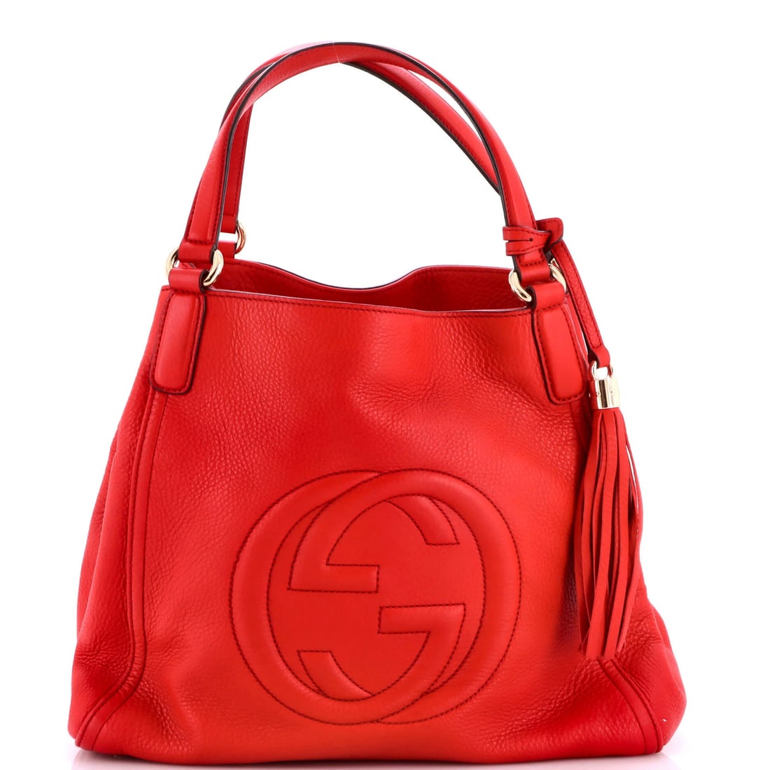 Leather Medium Gucci Shoulder Bag Soho: Leather Medium Gucci Shoulder Bag Soho Red leather medium Gucci Soho shoulder bag with gold tone hardware, featuring a classic design and neutral interior. The bag has a medium size, with a handle dro