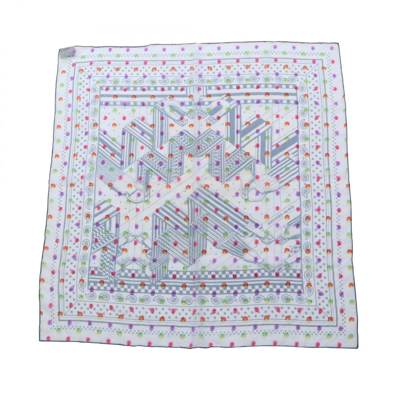 Silk Scarf by Hermes: Silk Scarf by Hermes Silk Scarf by Hermes features a striking blue and multi-color design, crafted from high-quality silk and acetate. Measuring 60cm x 60cm, this elegant scarf is perfect for adding a