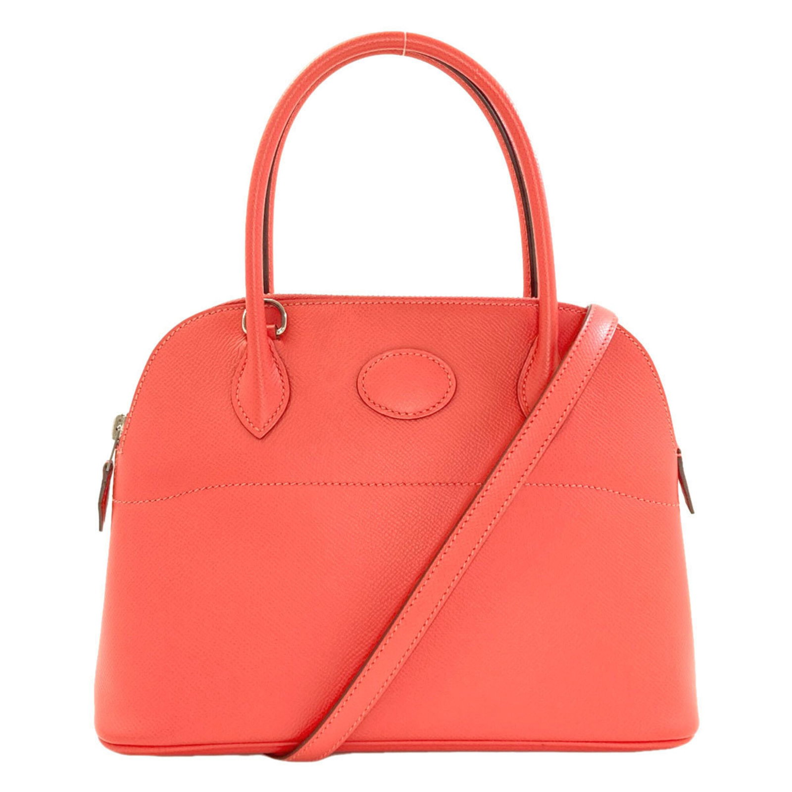 Handbag Epsom Leather by Hermes: Handbag Epsom Leather by Hermes Epsom leather handbag from iconic luxury brand Hermes, crafted with attention to detail and a distinctive pink hue. This 19cm x 26cm x 10cm pink Epsom leather handbag