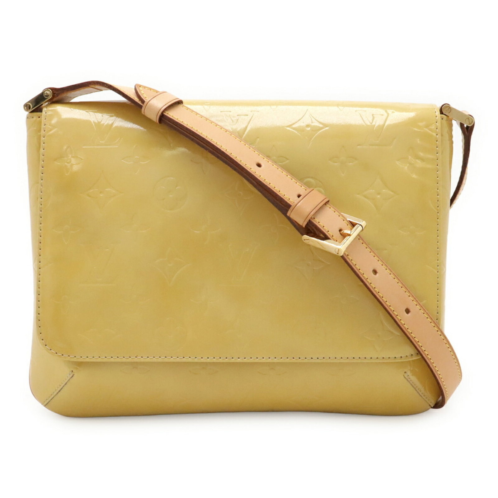 Shoulder Bag by Louis Vuitton: Shoulder Bag by Louis Vuitton Beige Monogram Vernis shoulder bag by Louis Vuitton, featuring a classic design with a signature monogram pattern and a durable vernis finish. Measuring 21.5cm x 27cm x