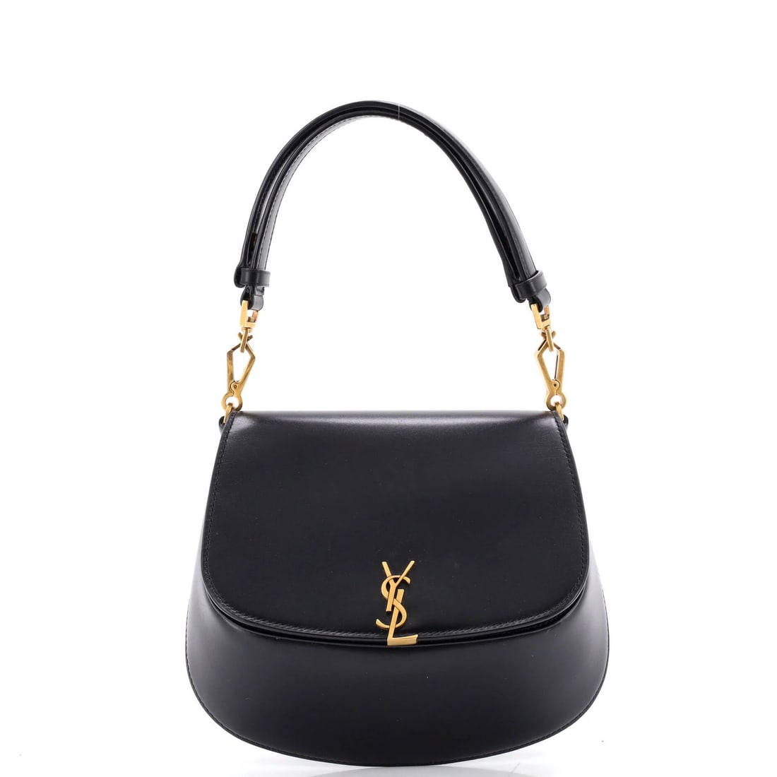 Laurent Voltaire Saint Leather Mini Bag Handle Top: Laurent Voltaire Saint Leather Mini Bag Handle Top Black leather mini bag with top handle, featuring a sleek design and suede interior. The bag bears a signature and measures 7" in height, 8" in
