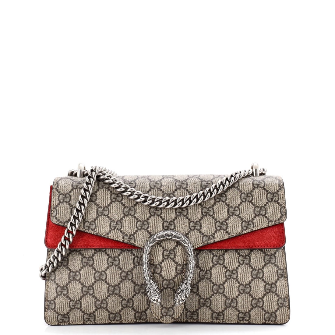 Small coated canvas bag GG Gucci Dionysus: Small coated canvas bag GG Gucci Dionysus Small GG Gucci Dionysus bag in brown coated canvas with red accents, featuring a classic shoulder design with a 15" strap drop and a handle drop of 8.5". The 