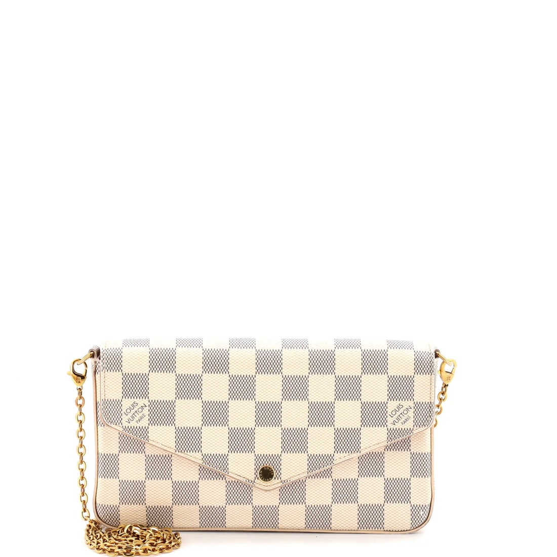 Damier Pochette Felicie Louis Vuitton: Damier Pochette Felicie Louis Vuitton White canvas coated Damier Pochette Felicie cross body bag with gold hardware, featuring a pochette card holder and a 22" strap drop. The bag has a great