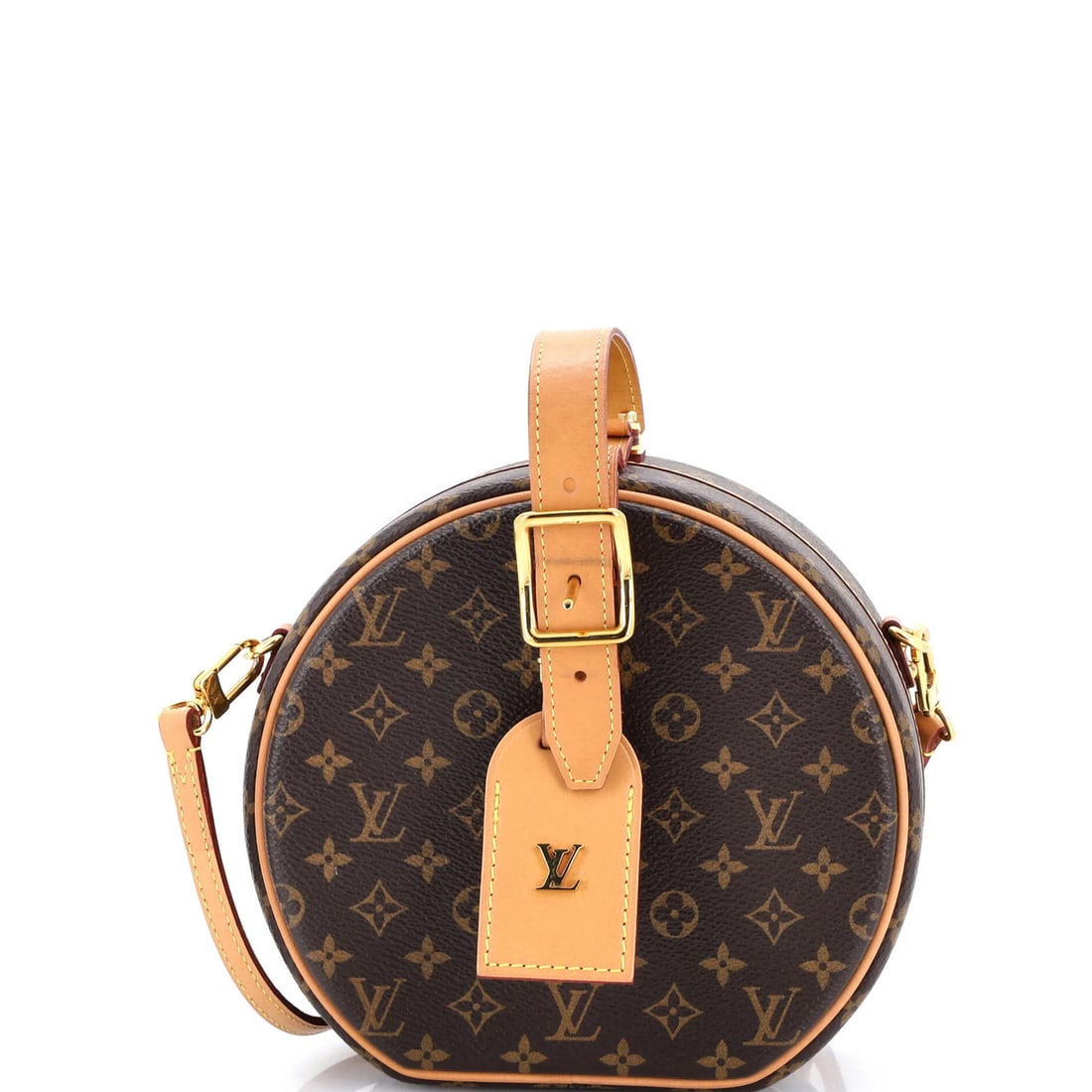 Boite Chapeau Bag Monogram Canvas Louis Vuitton: Boite Chapeau Bag Monogram Canvas Louis Vuitton Brown canvas cross body bag with gold hardware, featuring a classic Louis Vuitton monogram canvas design. The bag boasts a neutral leather interior and