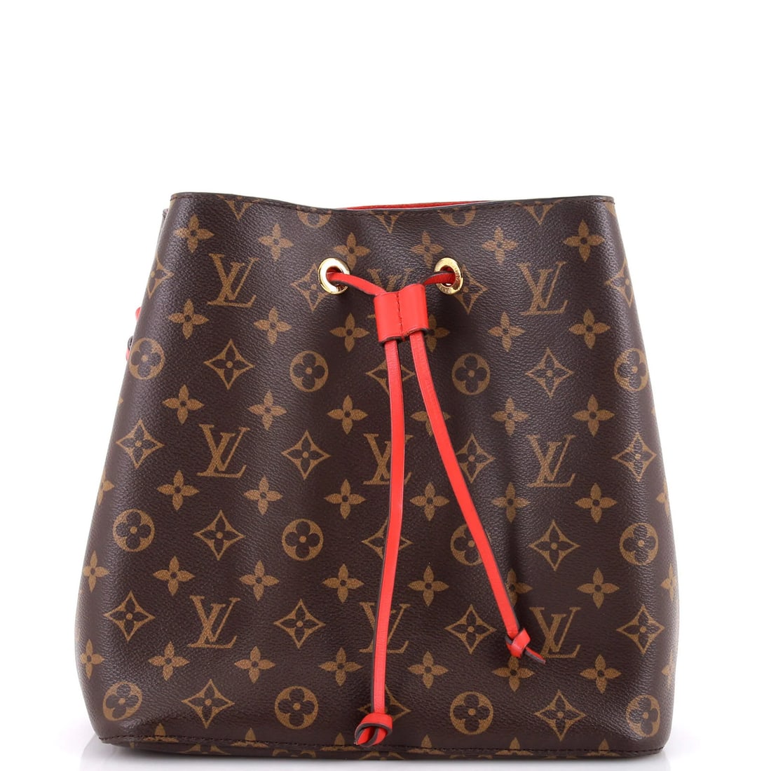 Louis Vuitton NeoNoe Handbag Monogram Canvas with Leather MM: Louis Vuitton NeoNoe Handbag Monogram Canvas with Leather MM Brown Louis Vuitton NeoNoe Handbag Monogram Canvas with Leather MM features a canvas exterior with a brown and red monogram pattern, gold