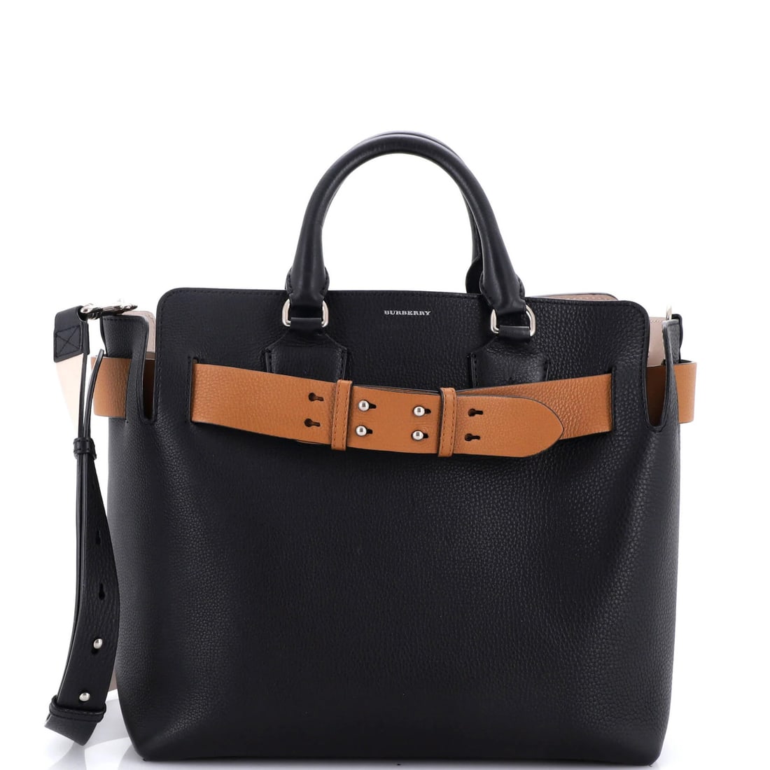 Belt Tote Leather Medium: Belt Tote Leather Medium Black leather belt tote with neutral interior, measuring 14" high, 13" wide, and 7" deep, featuring a 5" drop handle and adjustable strap with a 13-19" drop. Minor fraying,