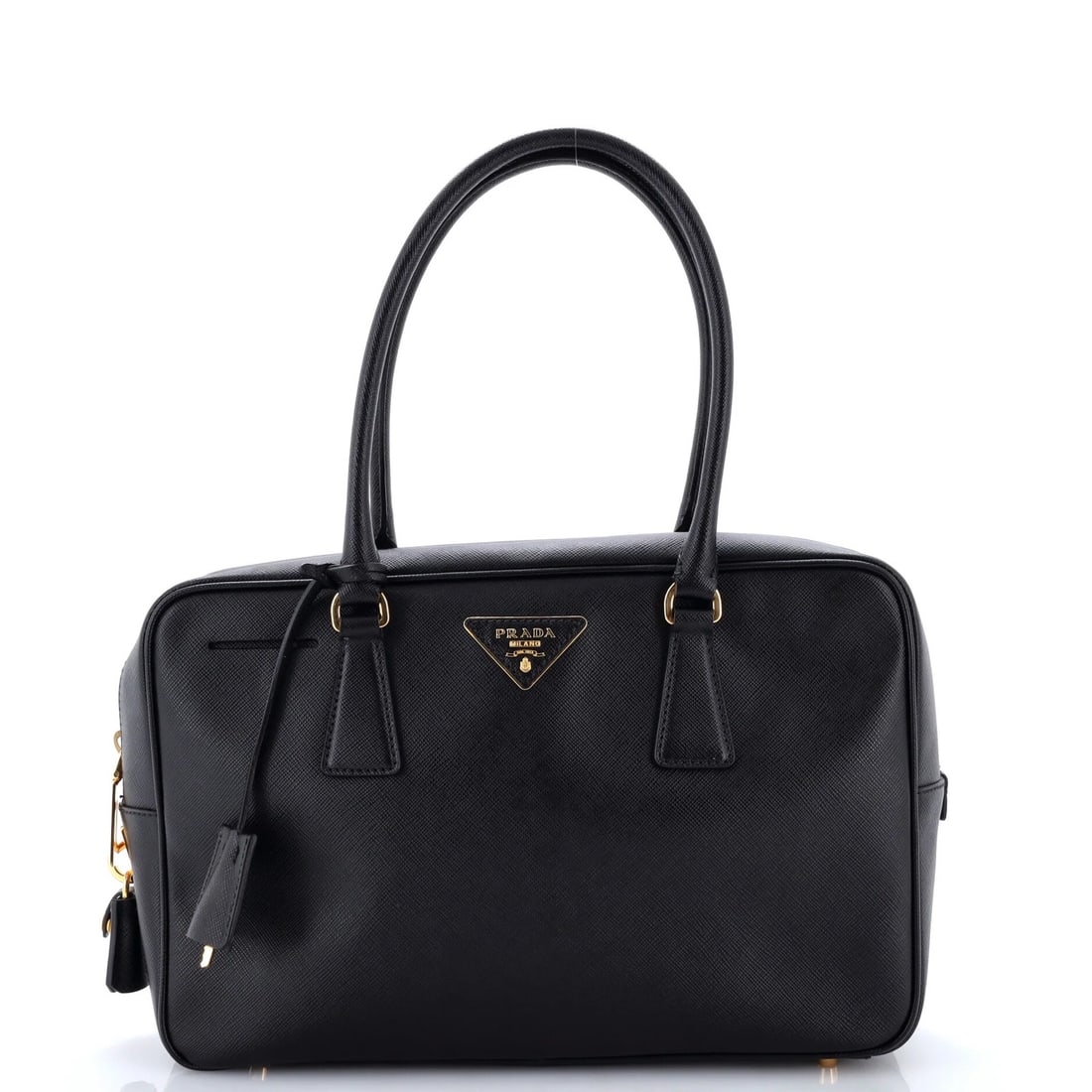 Saffiano Leather Medium Prada Bauletto: Saffiano Leather Medium Prada Bauletto Saffiano Leather Medium Prada Bauletto - A Timeless Black Satchel with Distressed Charm.The Saffiano Leather Medium Prada Bauletto boasts a sleek black exterior