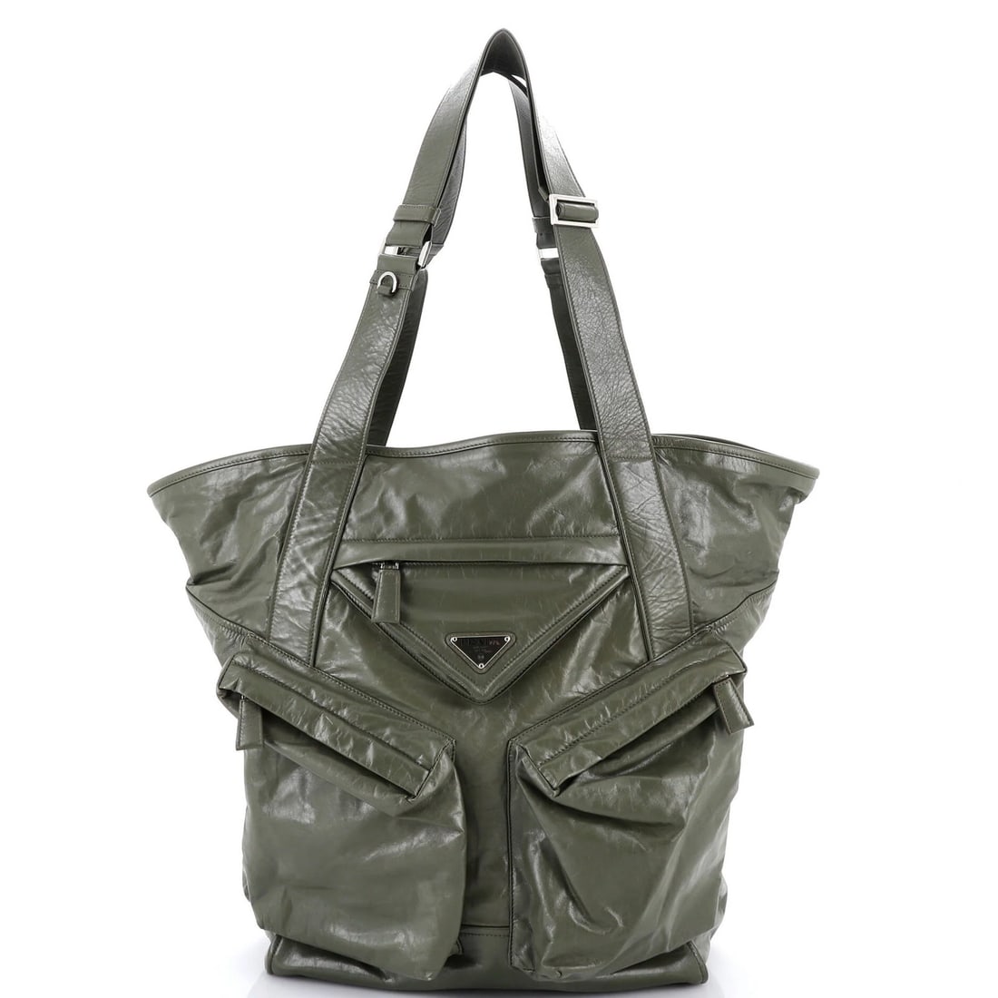 Tall Leather Tote Pocket Front Triple Prada: Tall Leather Tote Pocket Front Triple Prada Tall, triple-front pocket Prada tote in a rich green leather exterior, featuring a classic design with a spacious interior in black leather. The exterior