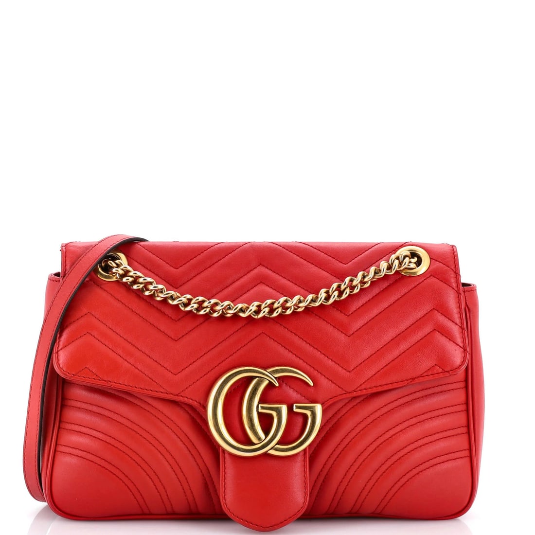 Marmont Matelasse Medium Leather Bag Flap Gucci GG: Marmont Matelasse Medium Leather Bag Flap Gucci GG Red Marmont Matelasse Medium Leather Gucci GG Flap Bag with scuffs, edge wear, and minor creases on the exterior, and light odor, minor scuffs on