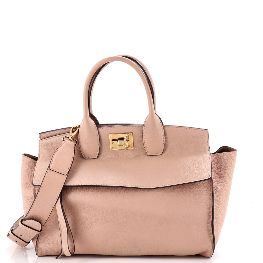 Medium Satchel Leather Ferragamo Salvatore Studio: Medium Satchel Leather Ferragamo Salvatore Studio Medium Satchel Leather Ferragamo Salvatore Studio is a neutral-toned leather satchel with a suede interior, featuring gold hardware and a pochette