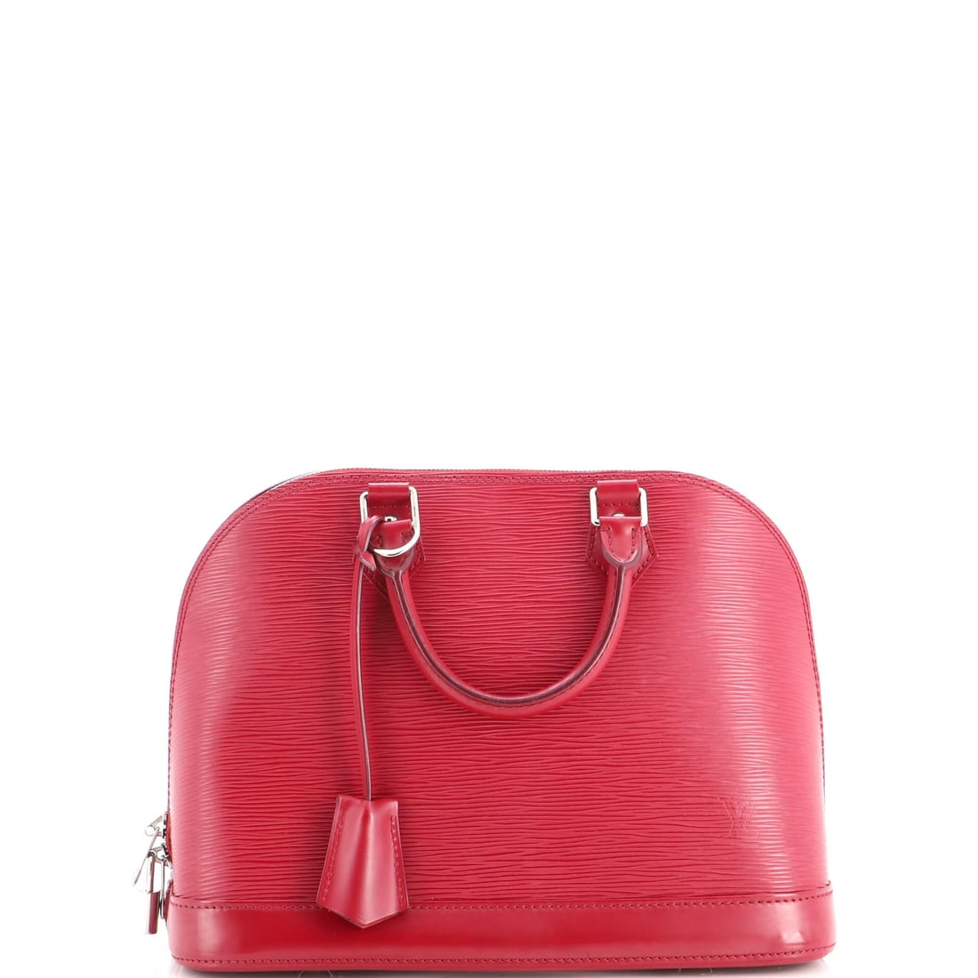 Vuitton Louis Alma Leather Epi Handbag: Vuitton Louis Alma Leather Epi Handbag Pink Louis Vuitton Alma Leather Epi Handbag with silver hardware, measuring 9" tall, 12" wide, and 6" deep, features a top handle and adjustable strap. The