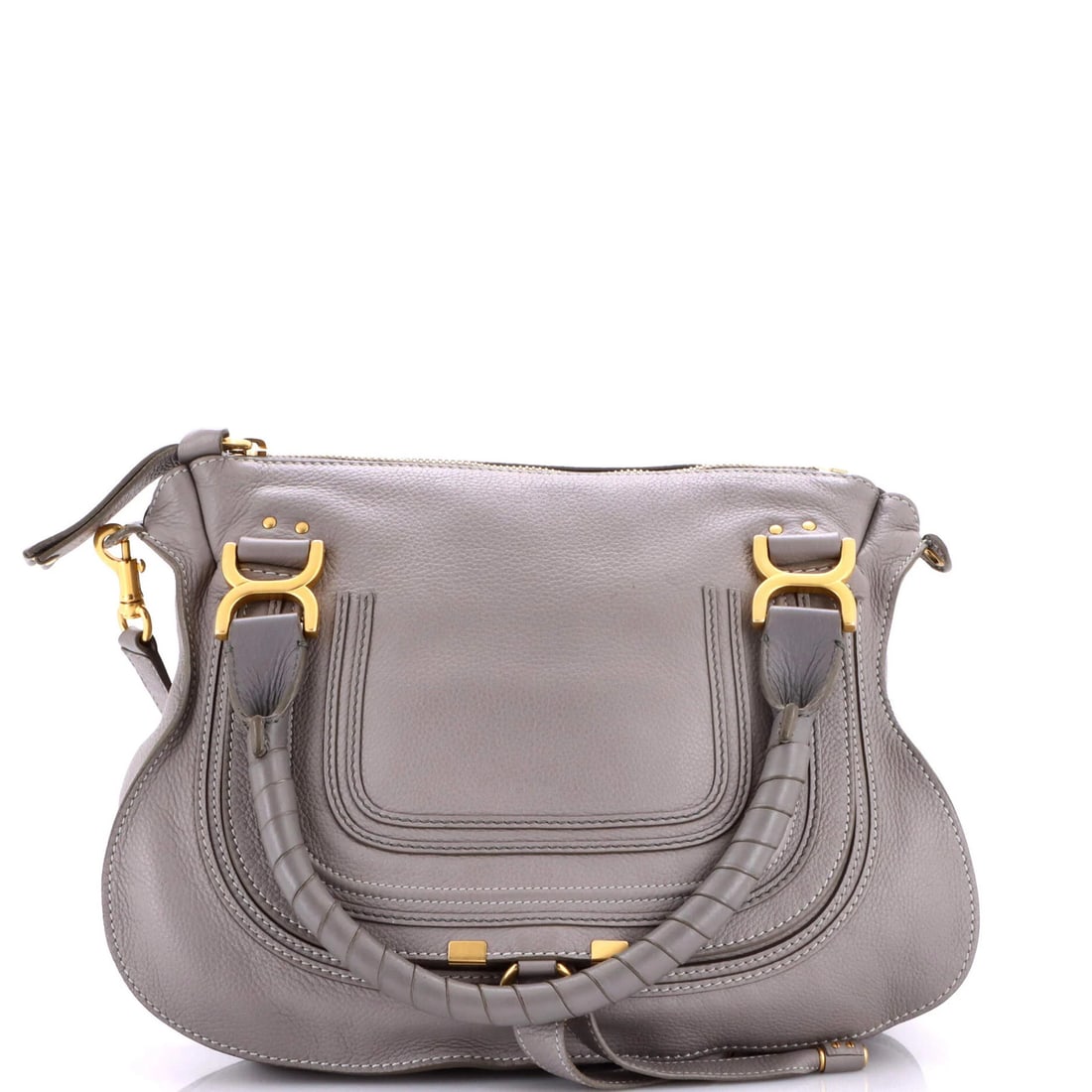 Chloe Satchel Marcie Leather Medium: Chloe Satchel Marcie Leather Medium Gray Chloe Marcie Leather Medium Satchel with Gold Hardware, featuring a medium size and classic design. The exterior leather has some signs of wear, including glue