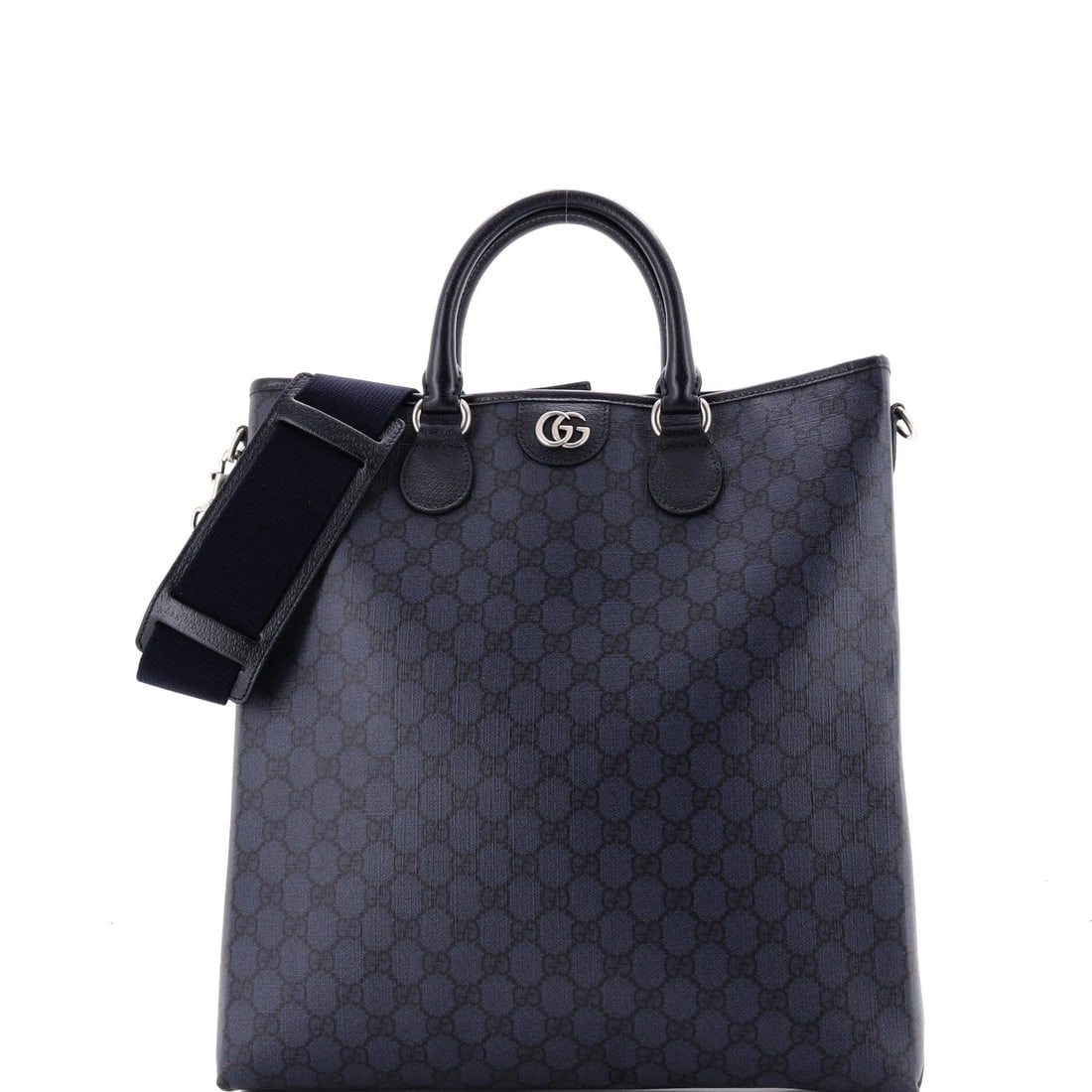 Convertible Tote Medium Ophidia Coated GG Gucci: Convertible Tote Medium Ophidia Coated GG Gucci Blue Medium Ophidia Convertible Tote with Canvas Coated Exterior and White Fabric Interior, featuring Aged Silver Hardware and minor creases