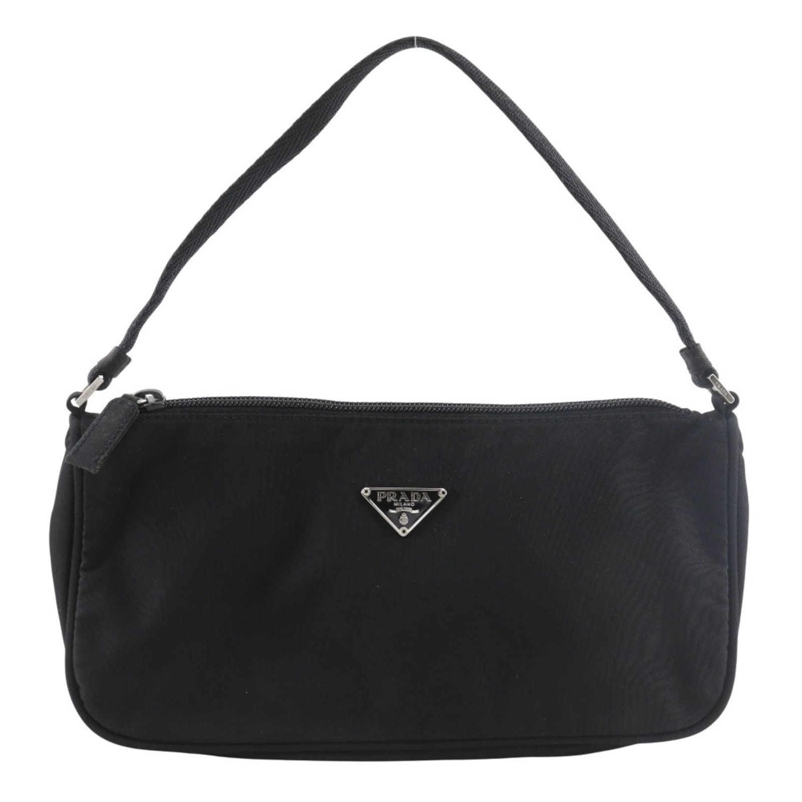 Pouch Nylon Handbag Prada: Pouch Nylon Handbag Prada Prada's Pouch Nylon Handbag is a sleek and compact accessory, measuring 12cm x 23cm x 6cm. Made from high-quality nylon, this black handbag features a distinctive design