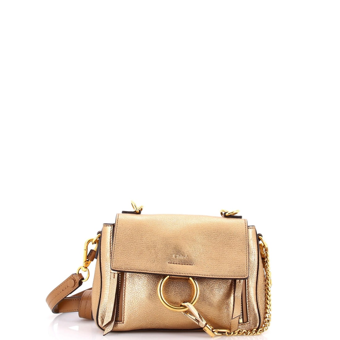 Chloe Faye Day Bag Leather Mini: Chloe Faye Day Bag Leather Mini Chloe Faye Day Bag Leather Mini in Gold. This mini shoulder bag features gold leather exterior with metallic accents, a neutral interior, and a gold hardware finish. Mi