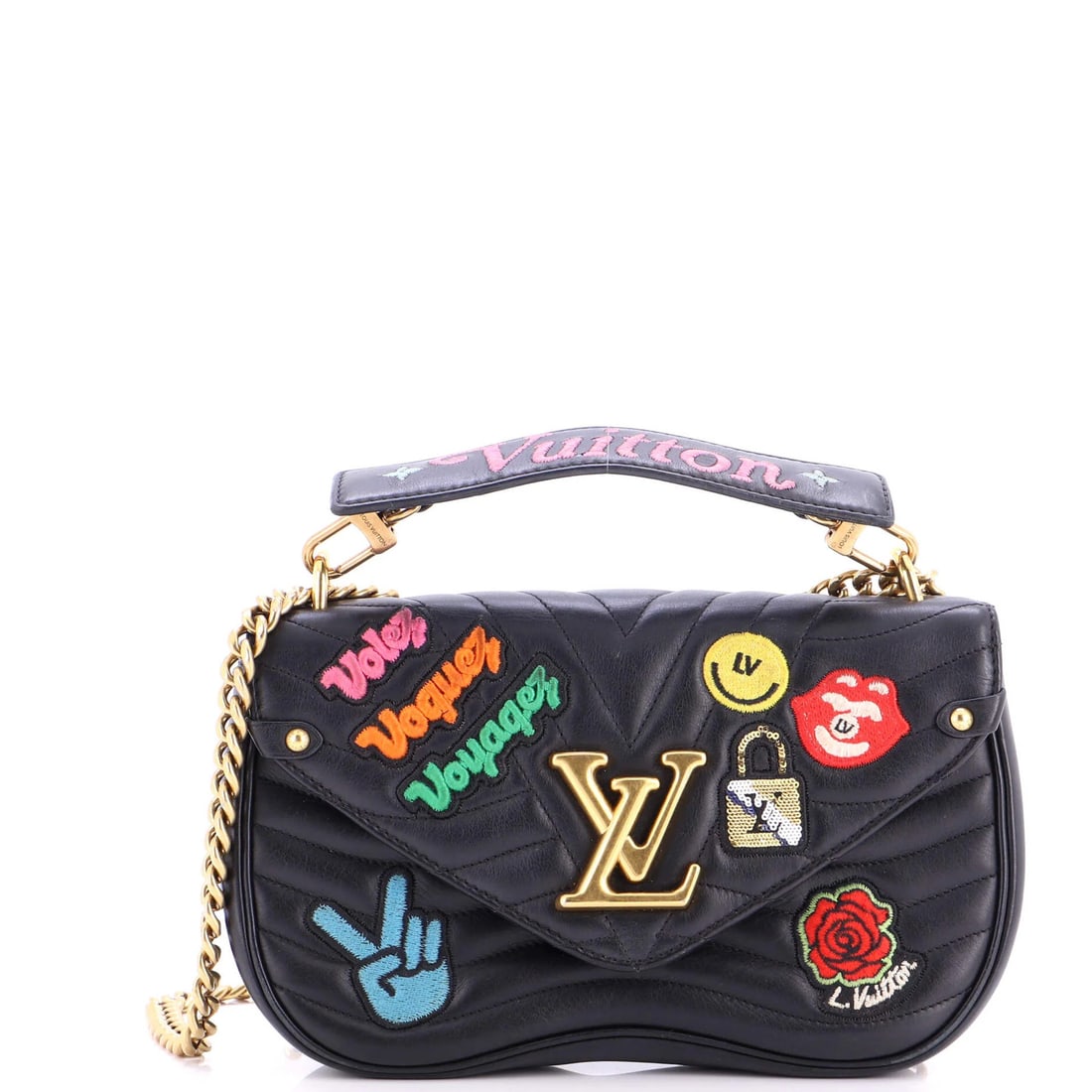 Louis Vuitton New Wave Chain Bag Limited Edition Patches Quilted Leather MM: Louis Vuitton New Wave Chain Bag Limited Edition Patches Quilted Leather MM The Louis Vuitton New Wave Chain Bag Limited Edition Patches Quilted Leather MM boasts a striking black and multicolor exter