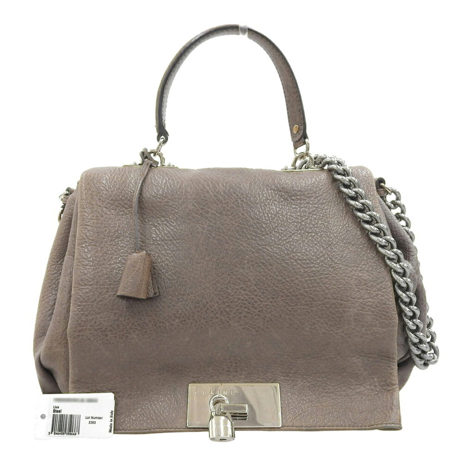 Celine Handbag Leather: Celine Handbag Leather The Celine handbag is a stylish and elegant accessory made from high-quality leather, available in a sophisticated gray color. This compact bag features a clochette, key, and