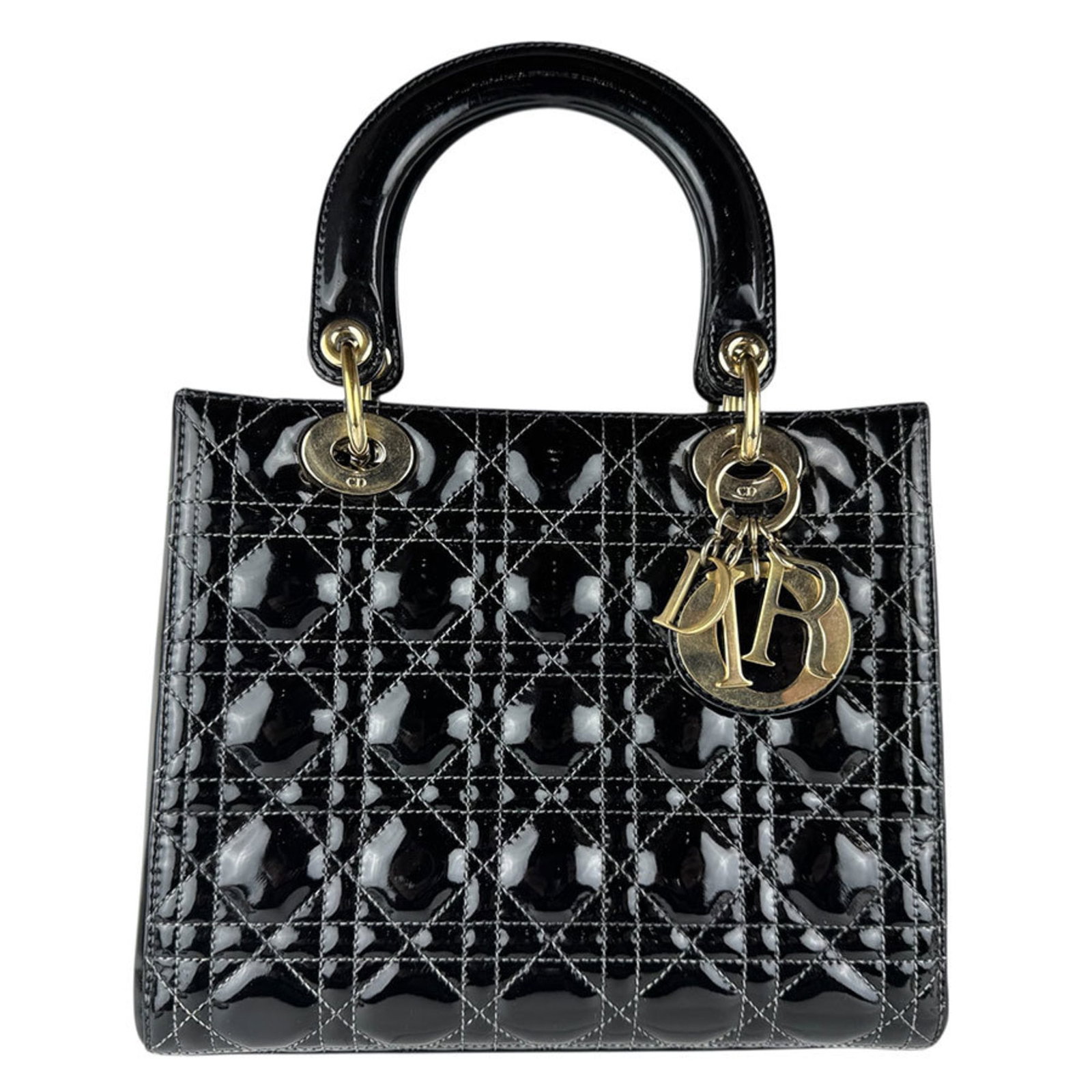 Christian Dior Handbag Leather Patent Shoulder Bag: Christian Dior Handbag Leather Patent Shoulder Bag Christian Dior's patent leather shoulder bag boasts sleek black design, measuring 20cm x 24cm x 11cm. The bag's patent leather material adds a touch